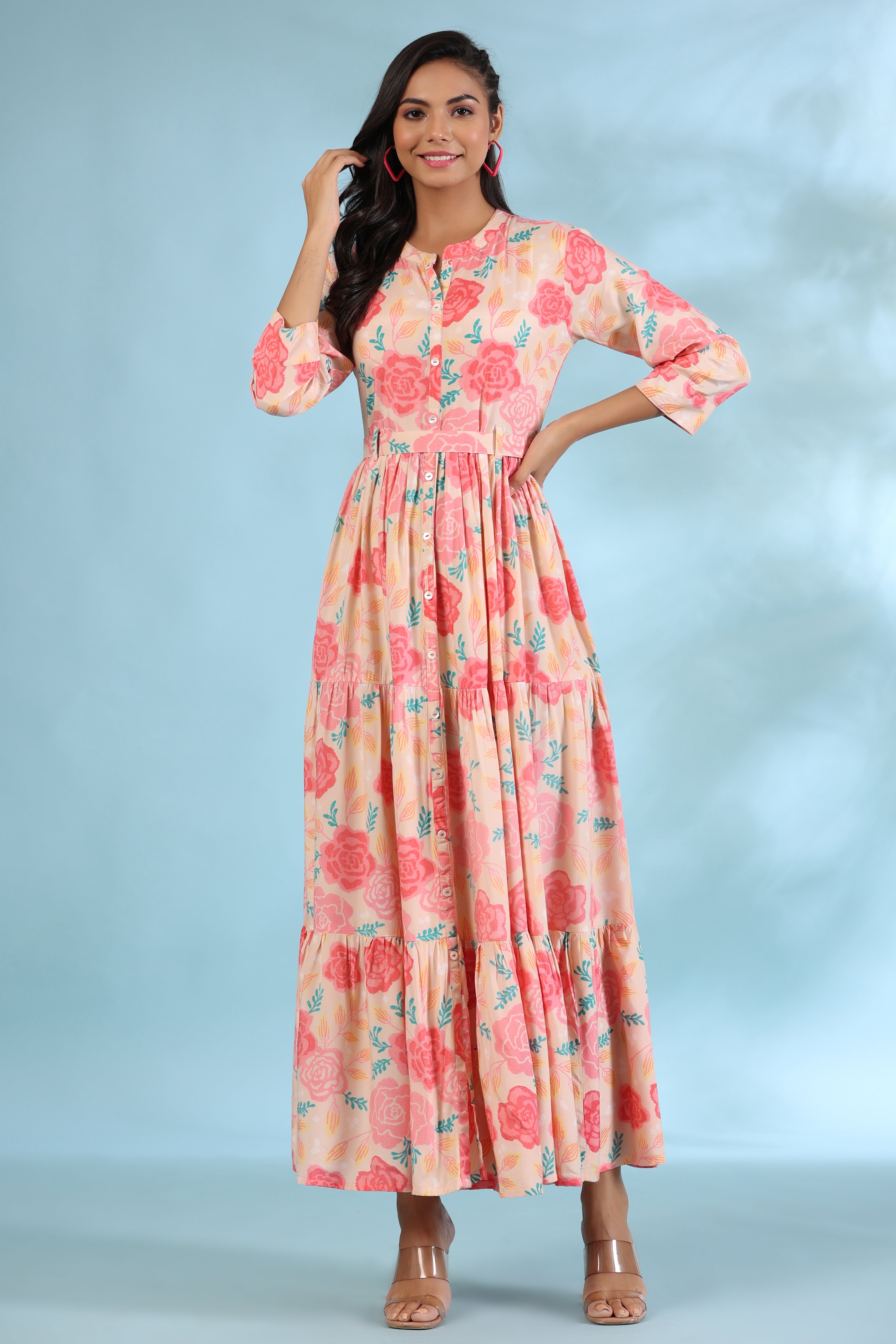 Bloomed Roses On Peach Silk Maxi Dress