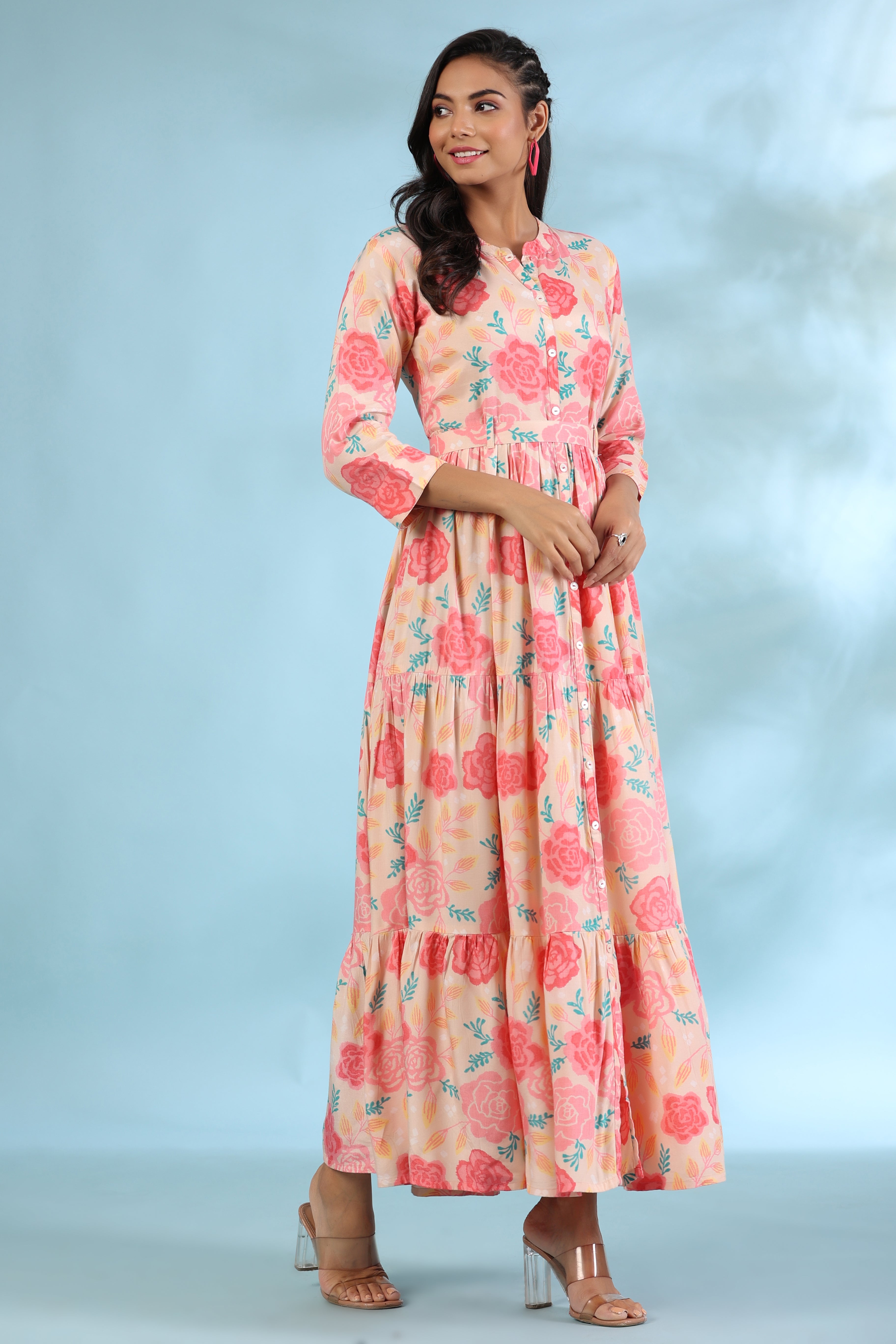 Bloomed Roses On Peach Silk Maxi Dress