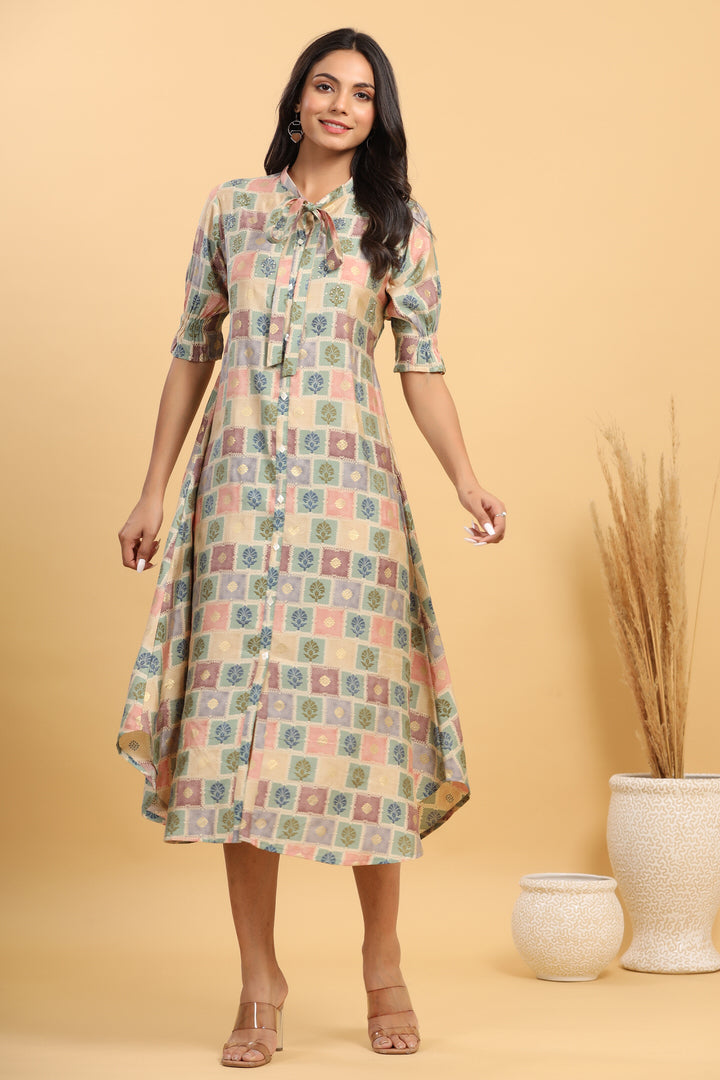 Multicolored Checkered Silk Midi Dress