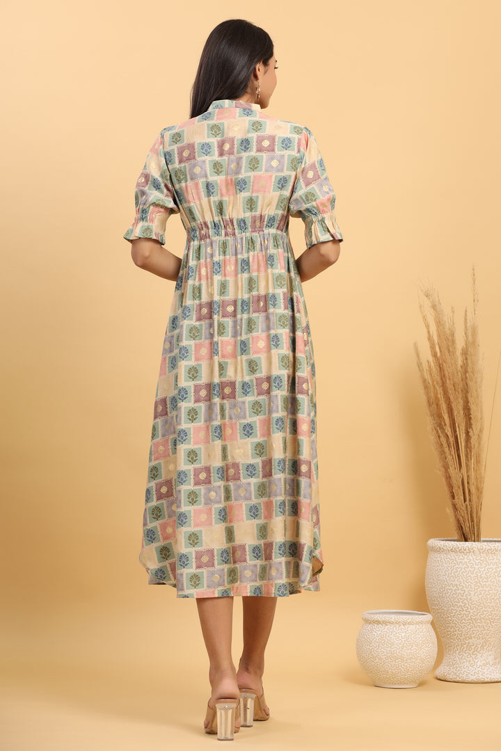 Multicolored Checkered Silk Midi Dress