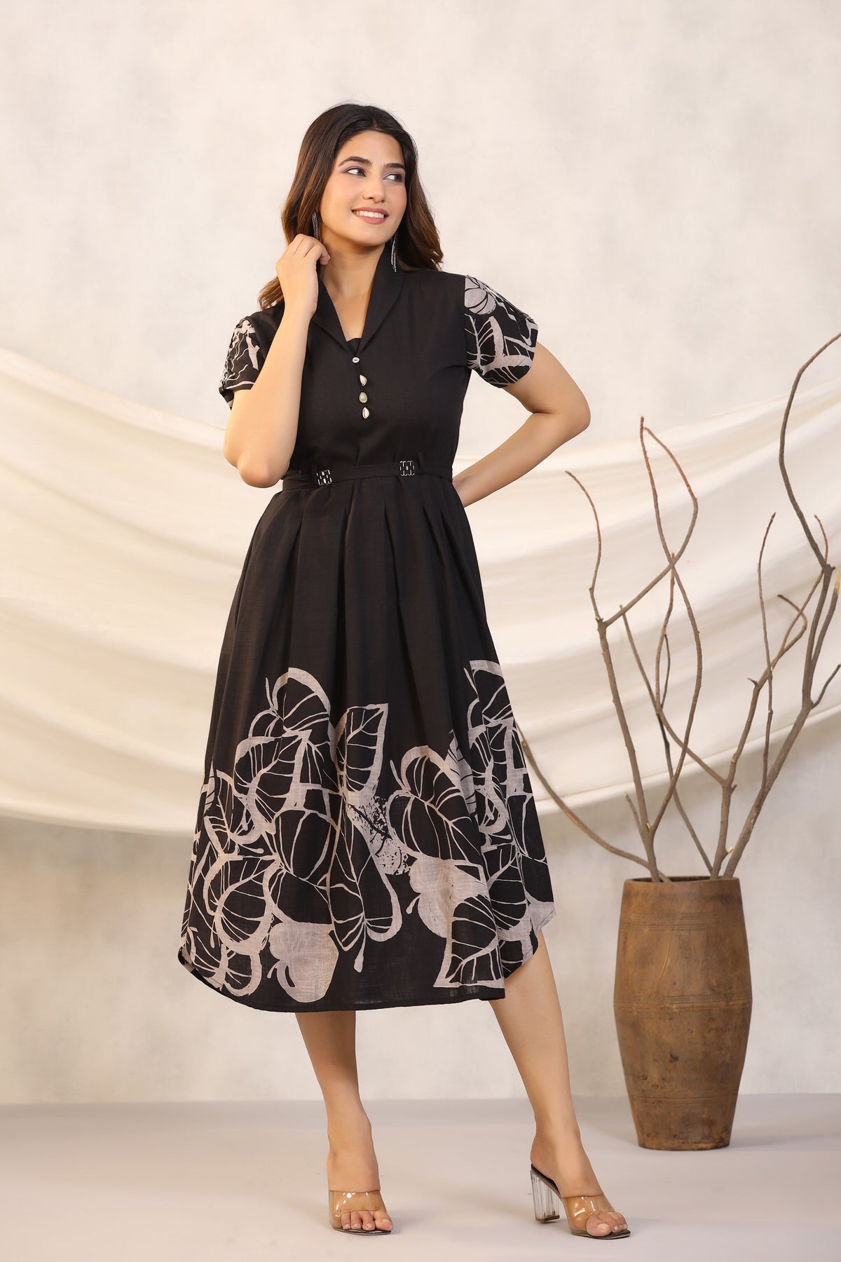 Leaf Mystery on Black Cotton MIDI Dress