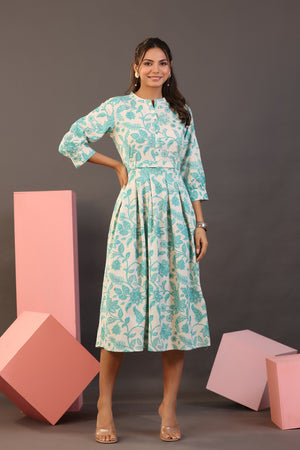 Turquoise Floral on White Midi Cotton Flex Dress