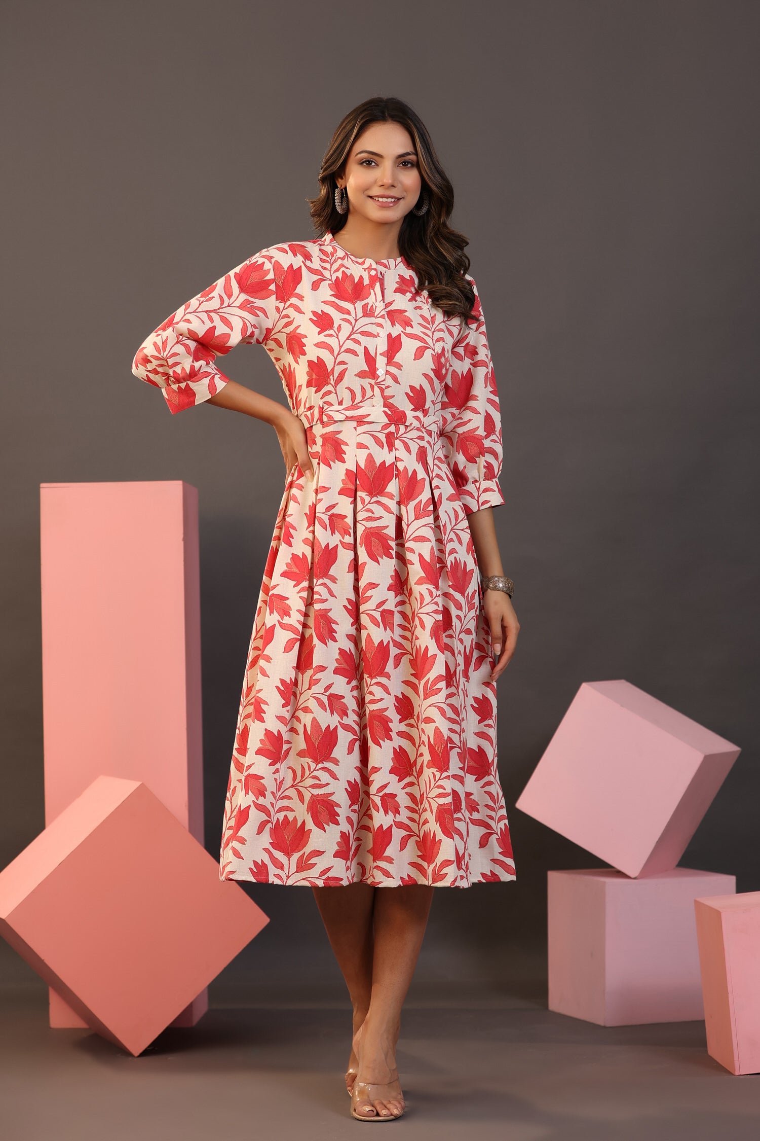 Red florals on white Midi dress