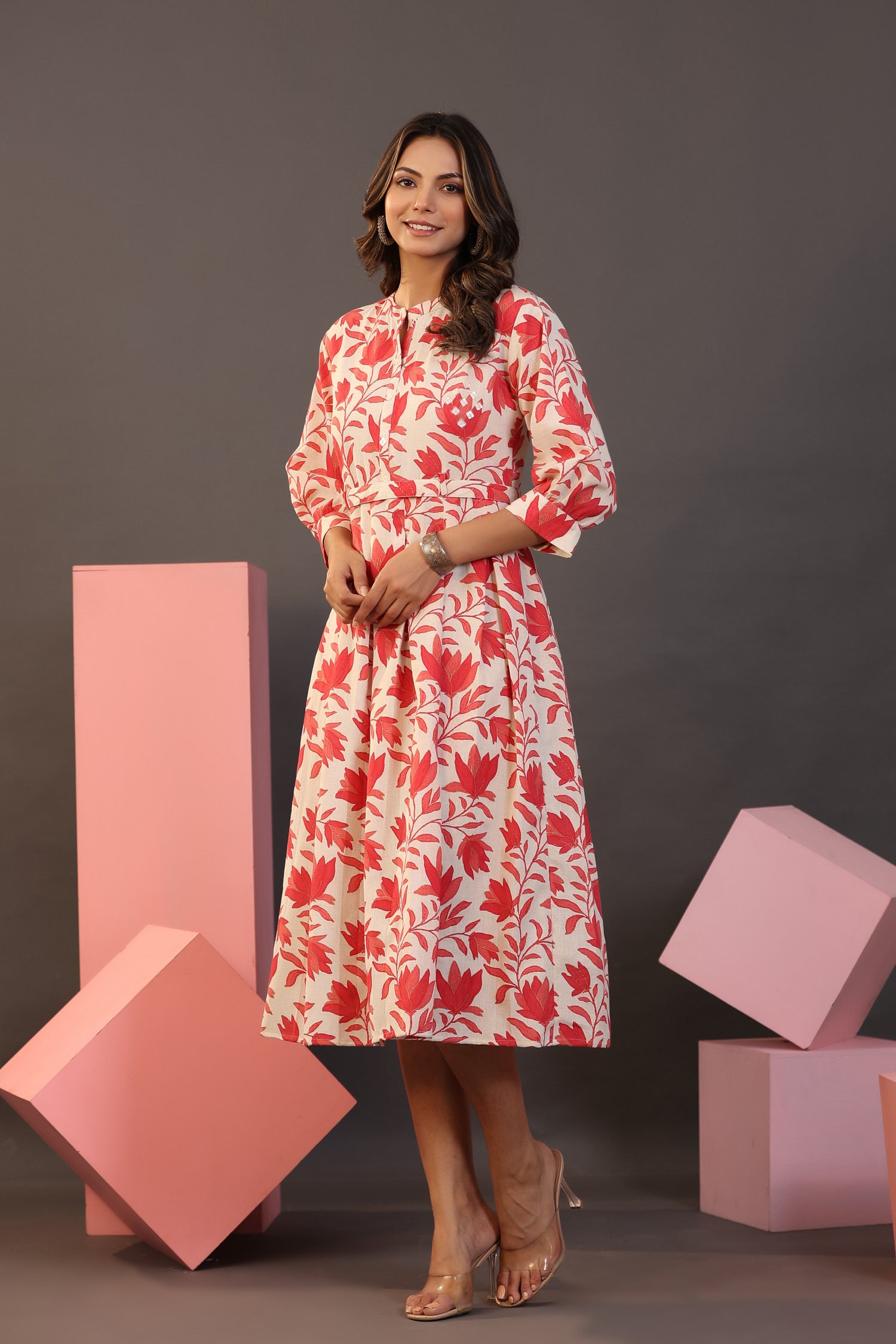 Red florals on white Midi dress