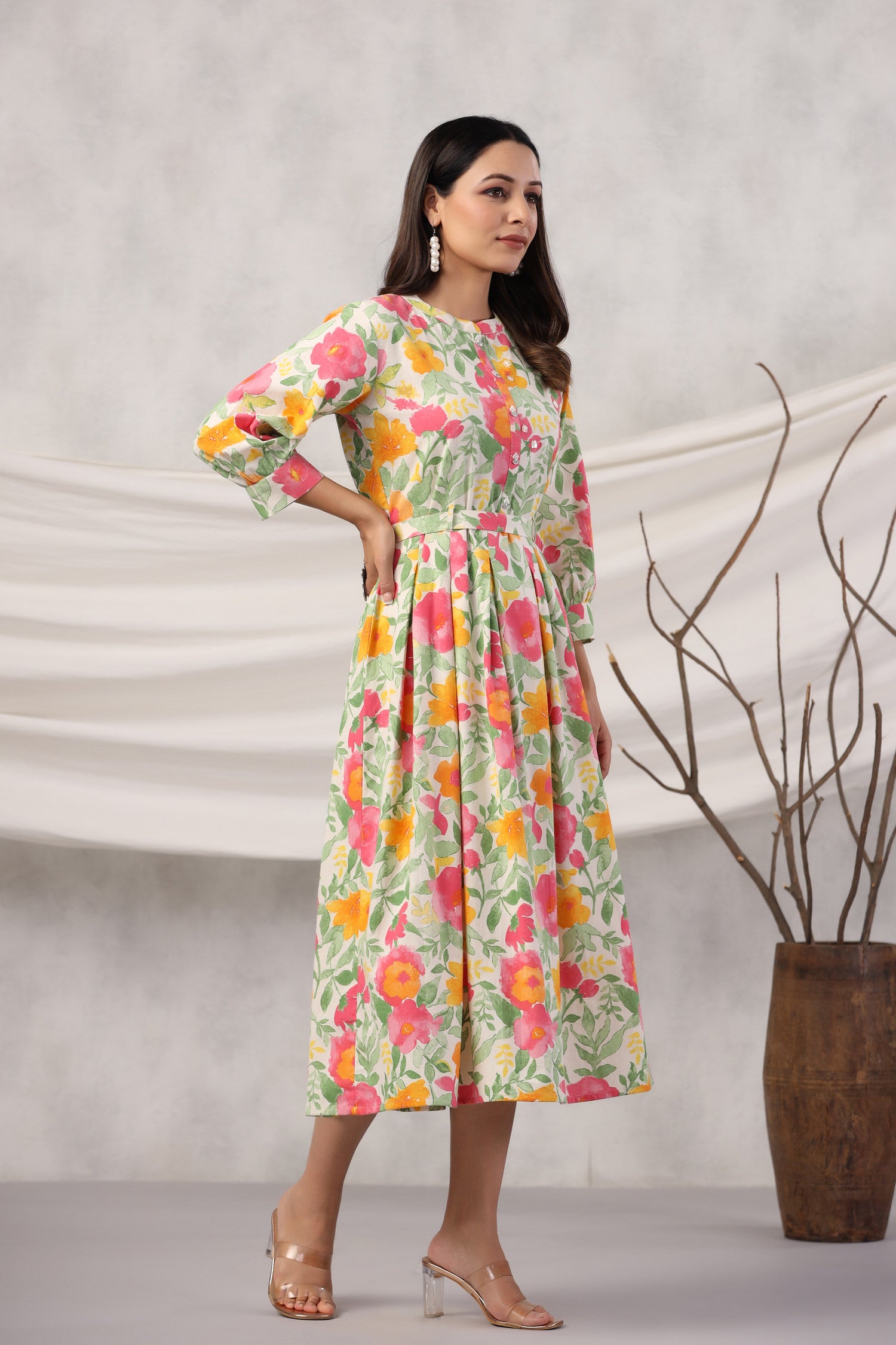 Floral Canopy on Off White Cotton Flex Midi Dress