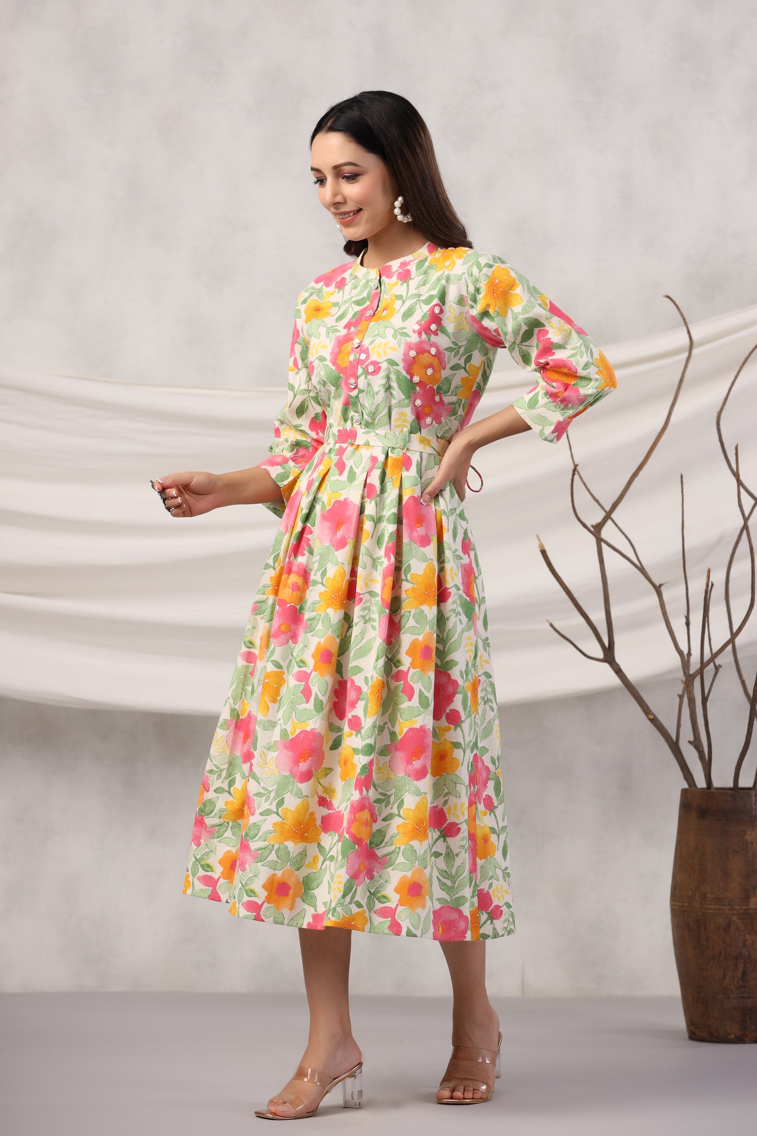 Floral Canopy on Off White Cotton Flex Midi Dress