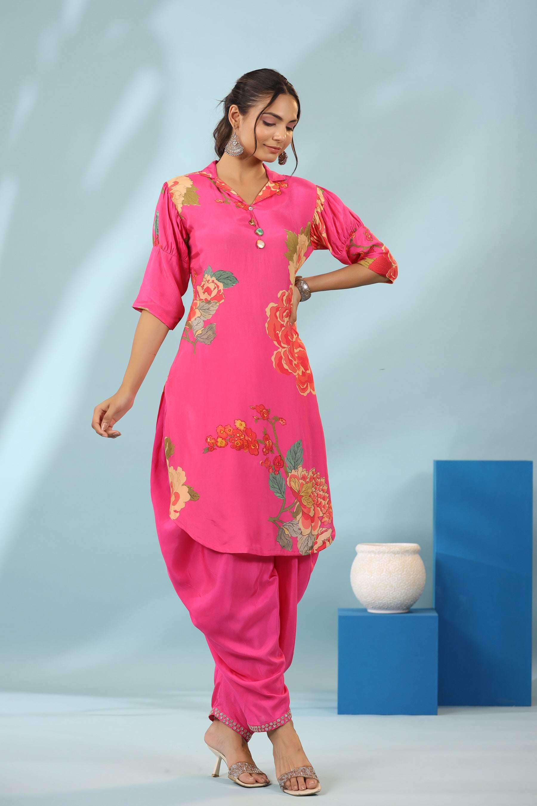 Raspberry floral bloom dhoti pants coord set