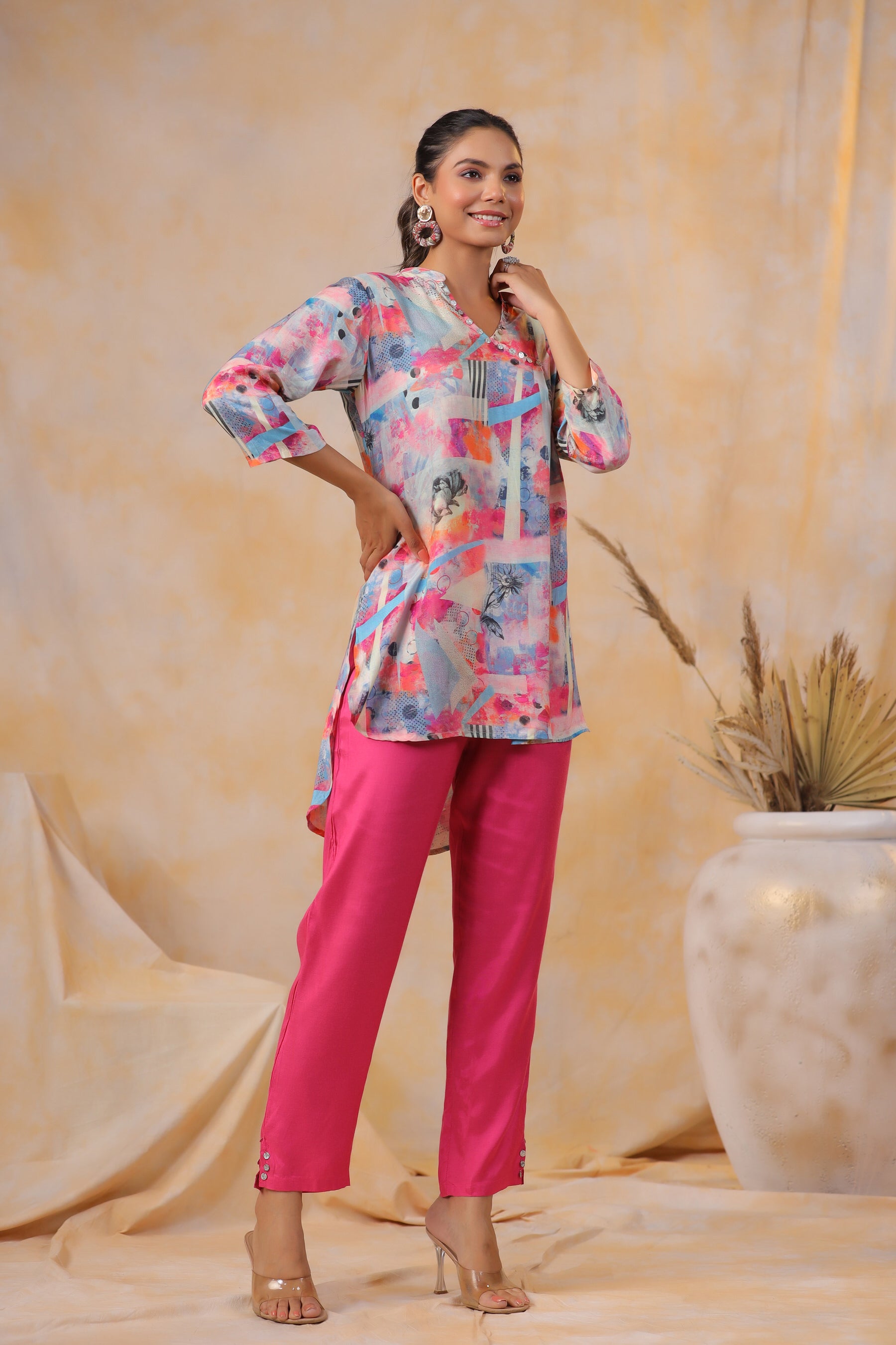 Pink Tropical Eda Muslin Silk co-ord set