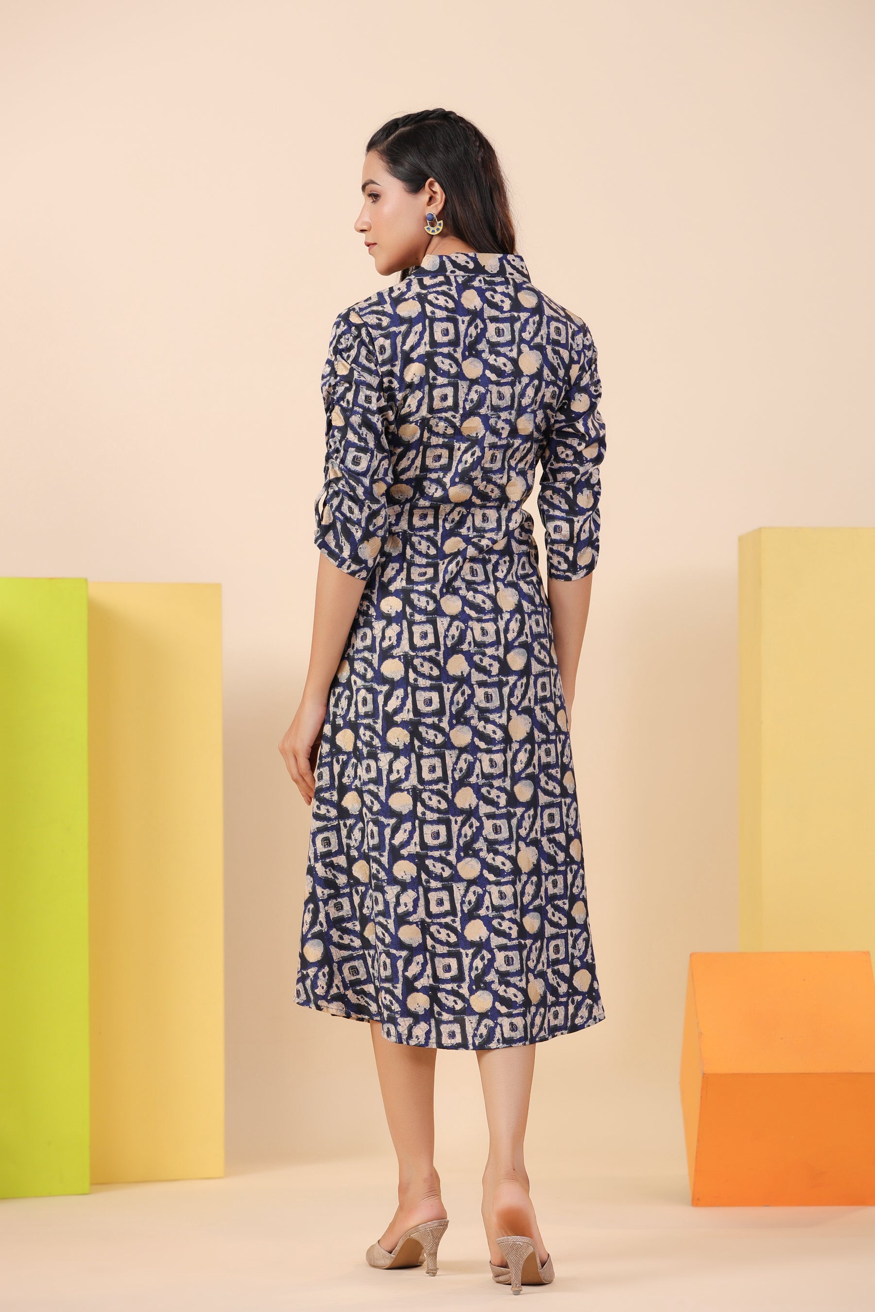 Blue Bagru Print on Silk Midi Dress