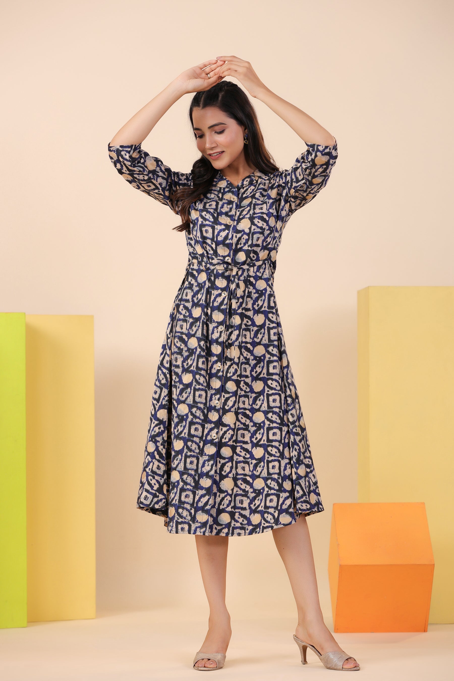 Blue Bagru Print on Silk Midi Dress