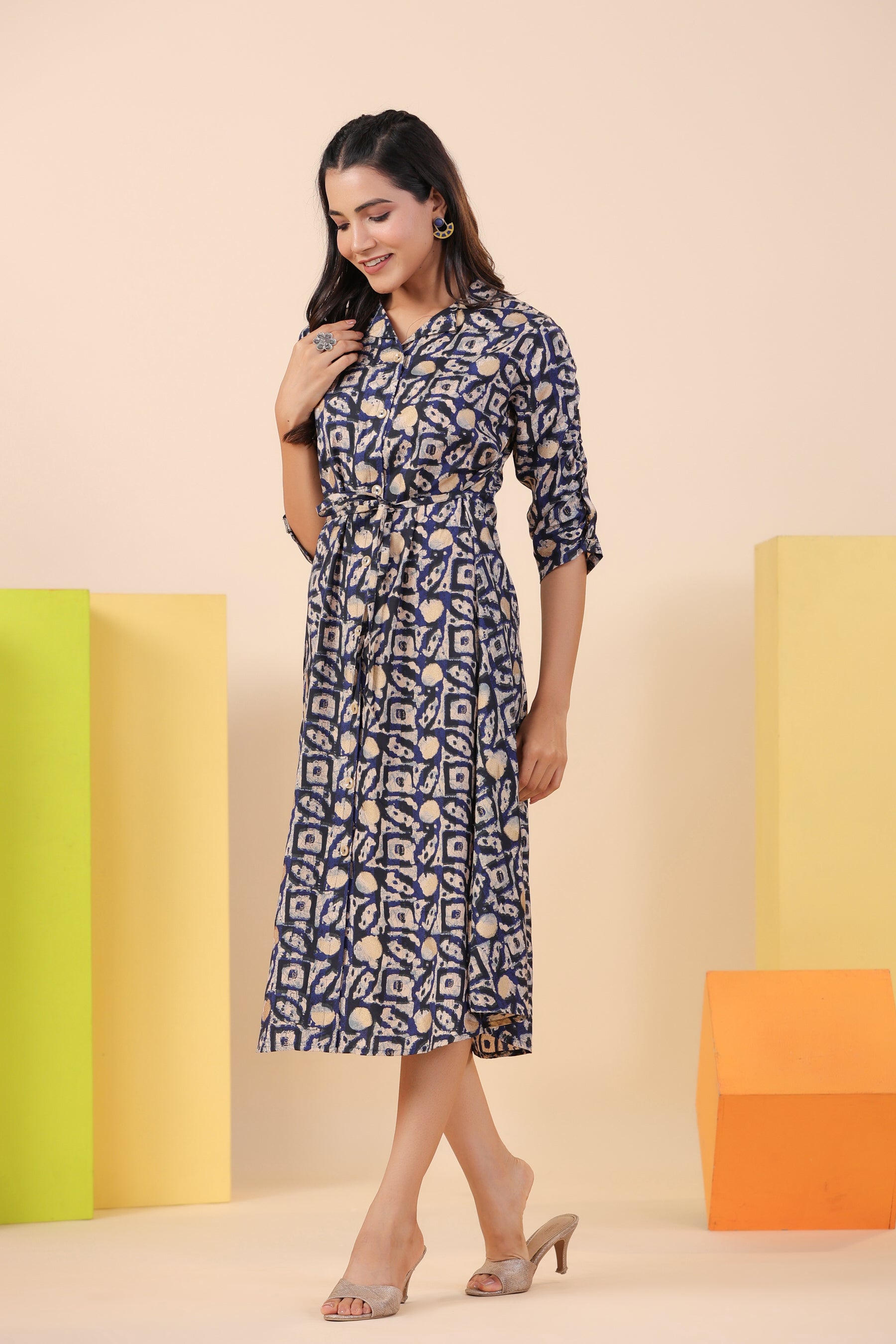 Blue Bagru Print on Silk Midi Dress