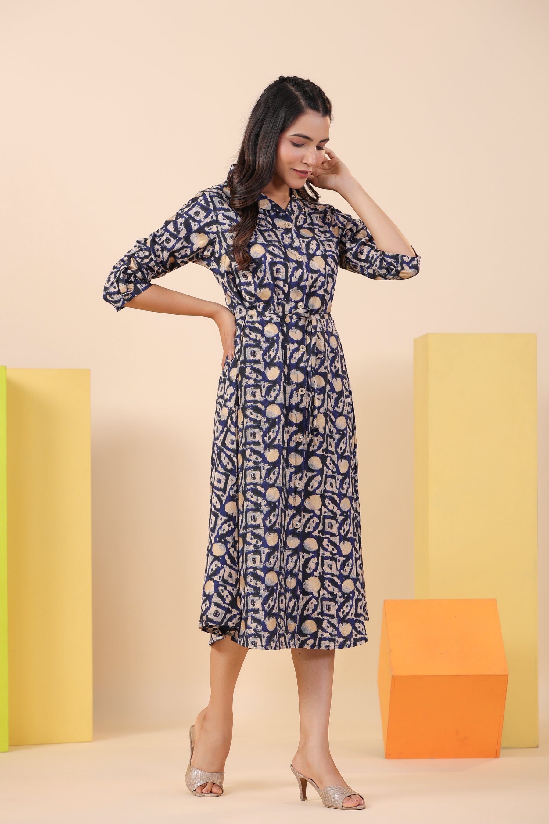 Blue Bagru Print on Silk Midi Dress