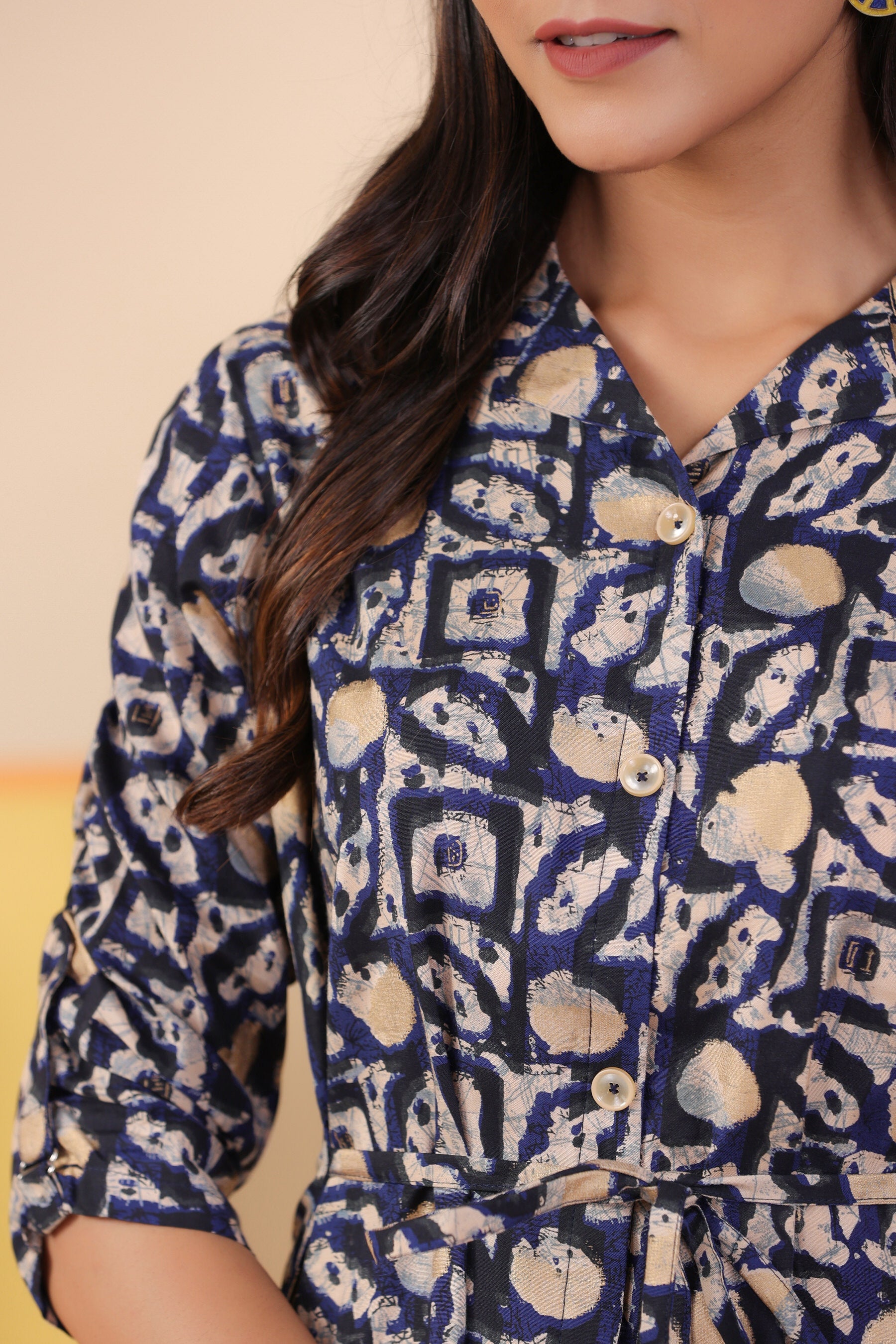 Blue Bagru Print on Silk Midi Dress