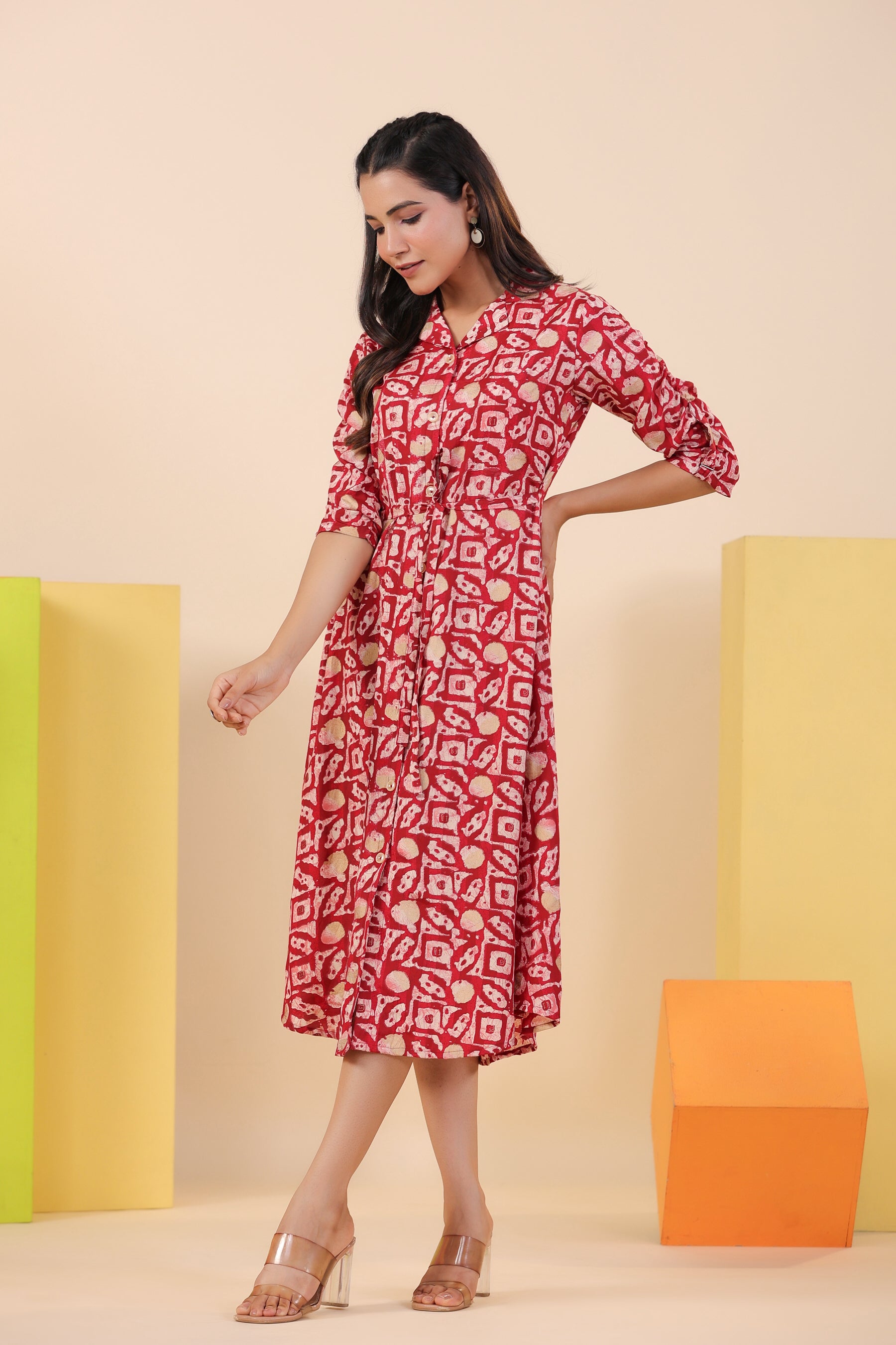 Red Bagru Print on Silk Midi Dress