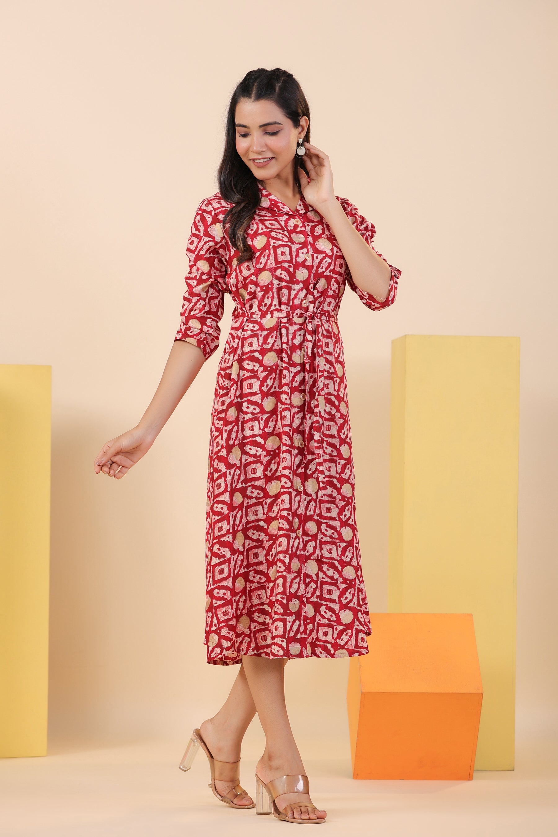 Red Bagru Print on Silk Midi Dress