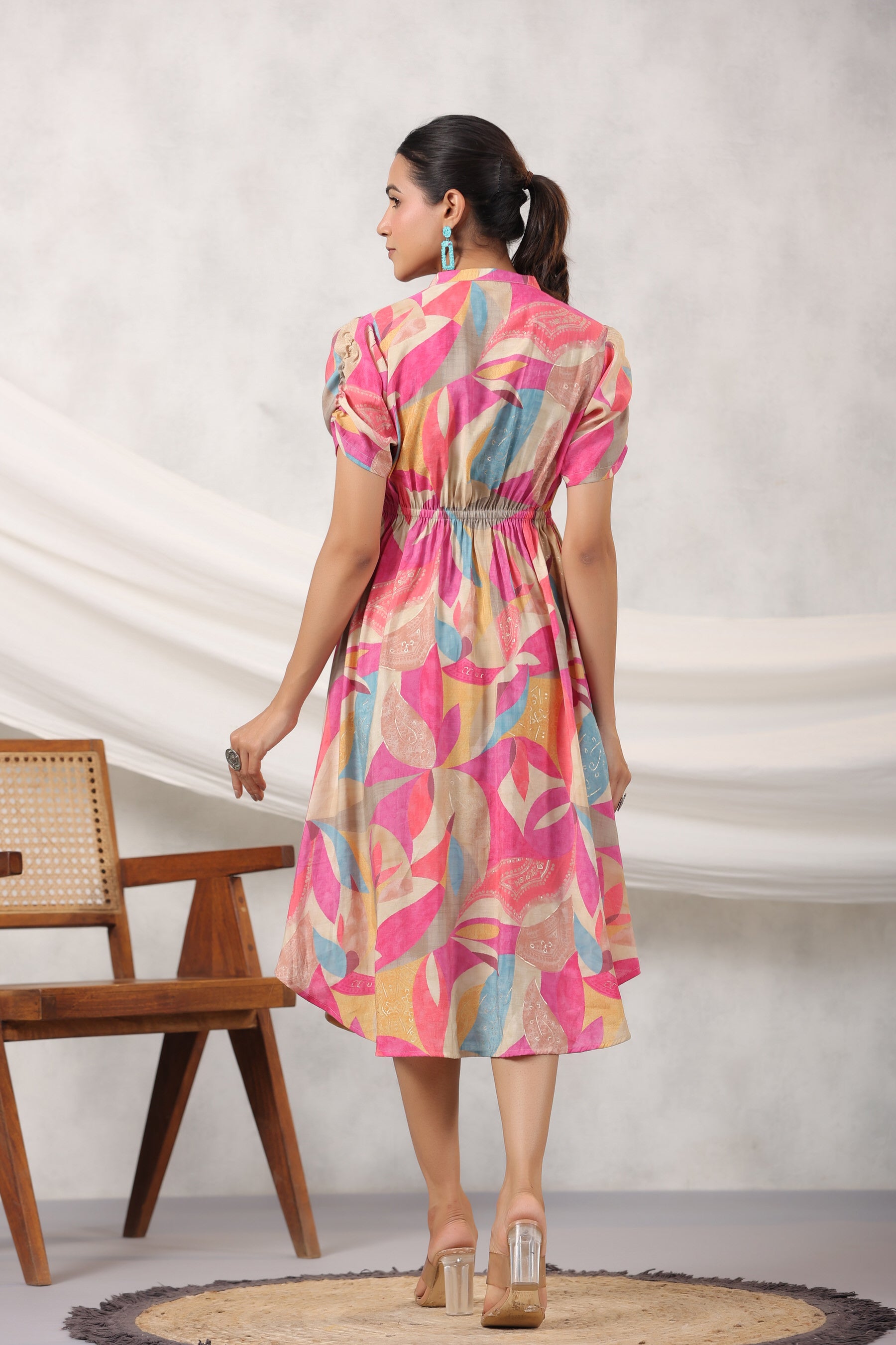 Pink Abstract Art on Midi Silk Dress