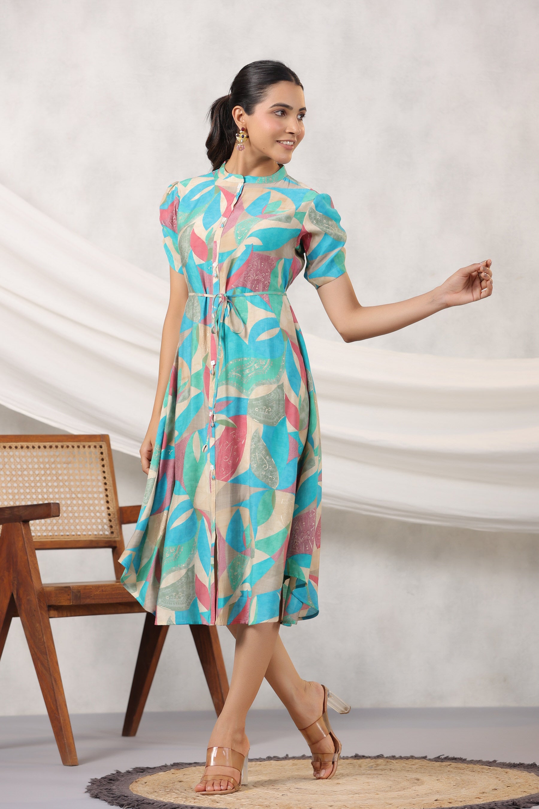 Blue Abstract Art on Silk Midi Silk Dress