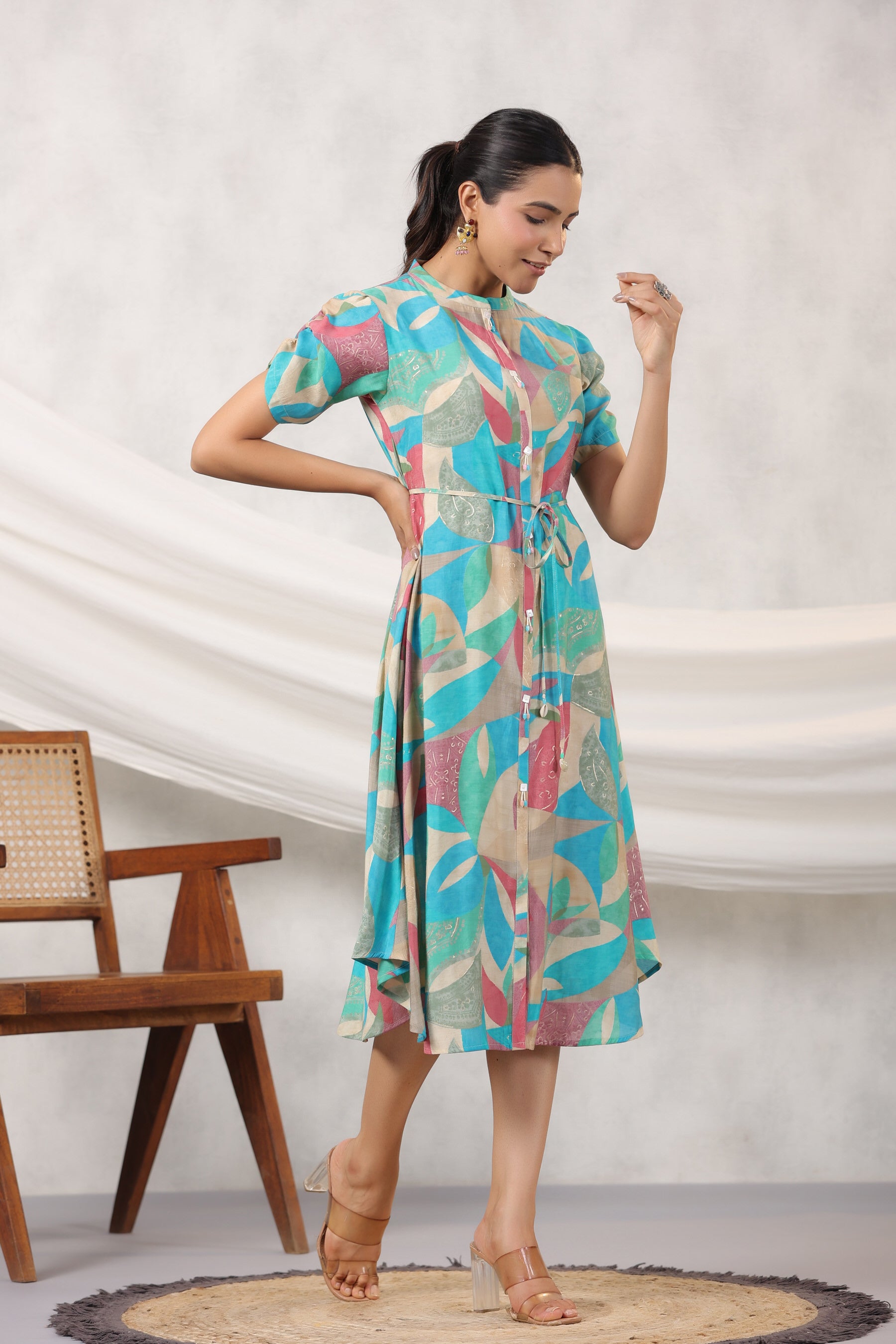 Blue Abstract Art on Silk Midi Silk Dress