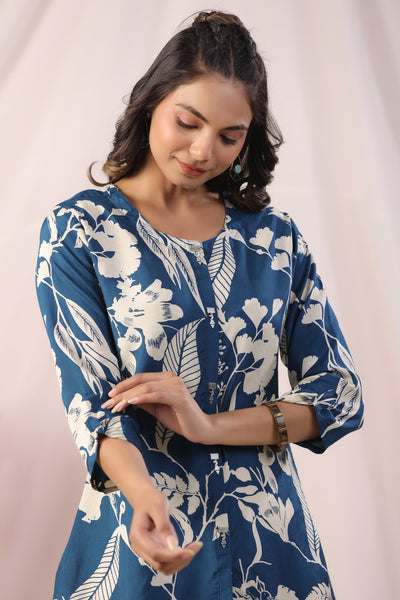 Vintage Blue Floral Russian Silk Shirt