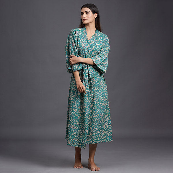 Floral Mosaic On Sea Green Robe Jisora Jaipur