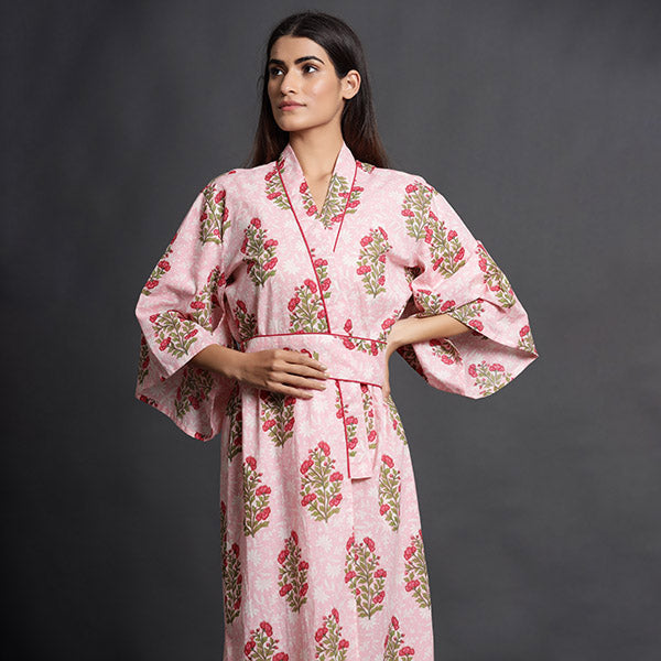 Rose Bouquet On Pink Kimono Robe Jisora Jaipur