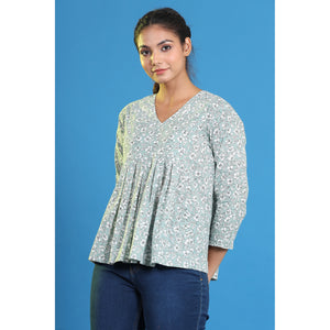 Floral Mosaic on Light Green Cotton Short Kurti