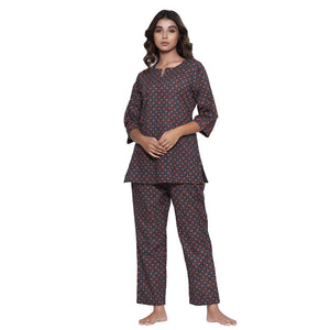 Royal Motifs on Blue Cotton Loungewear Top Set