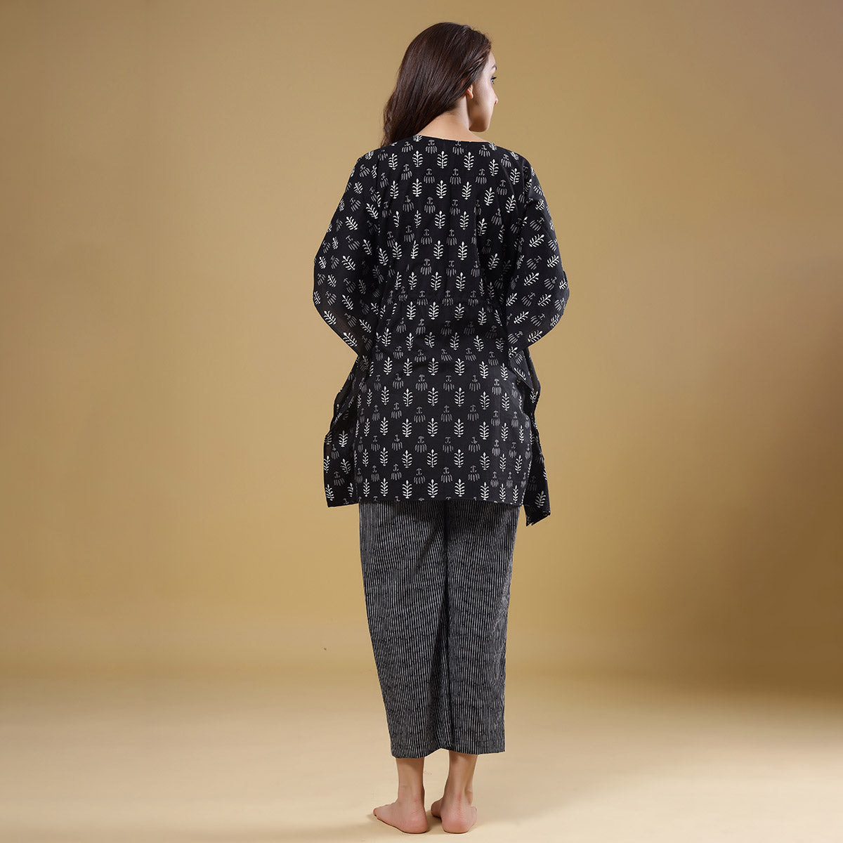 Autumn Leaves with Contrast Stripes on Black Kaftan Pyjama JISORA