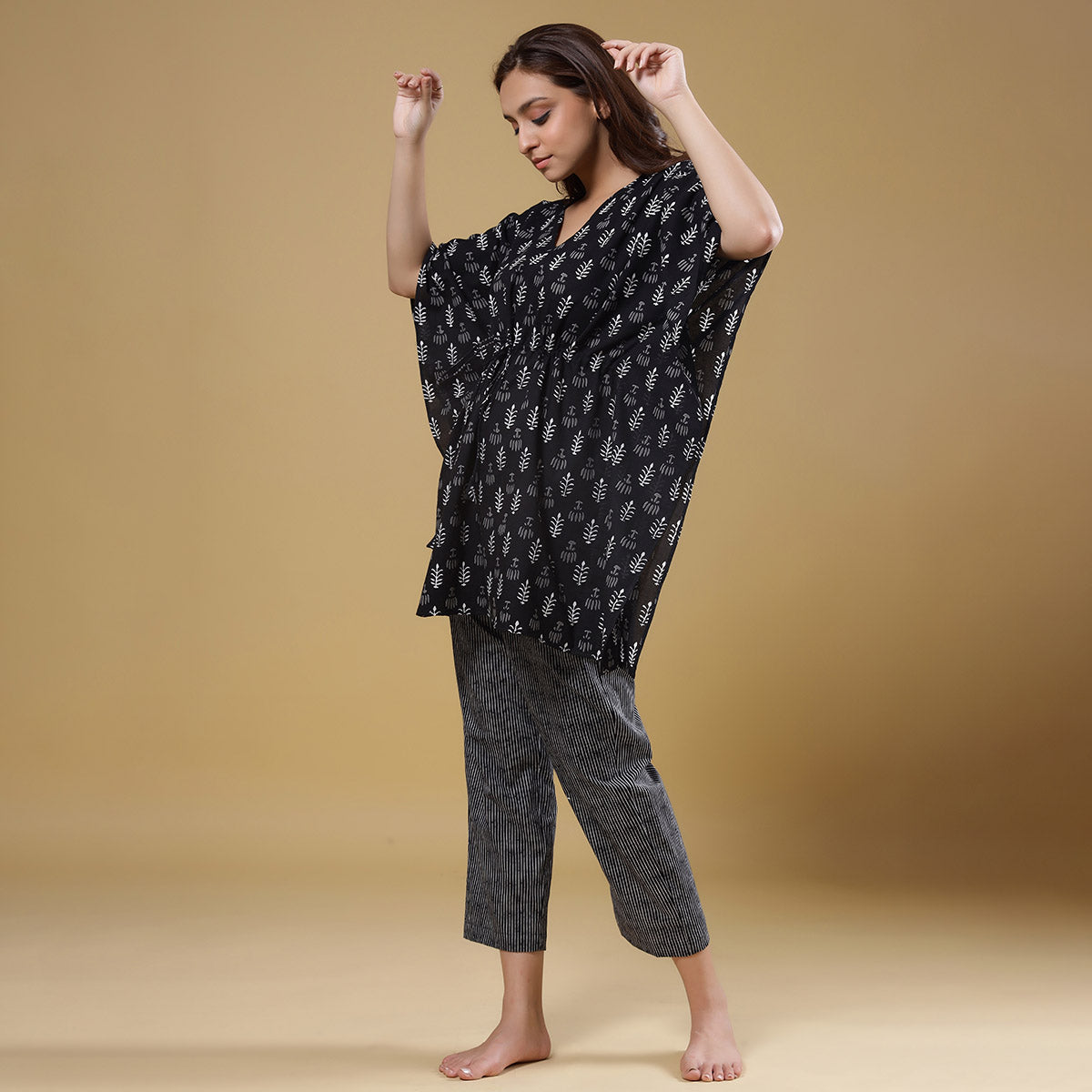 Autumn Leaves with Contrast Stripes on Black Kaftan Pyjama JISORA