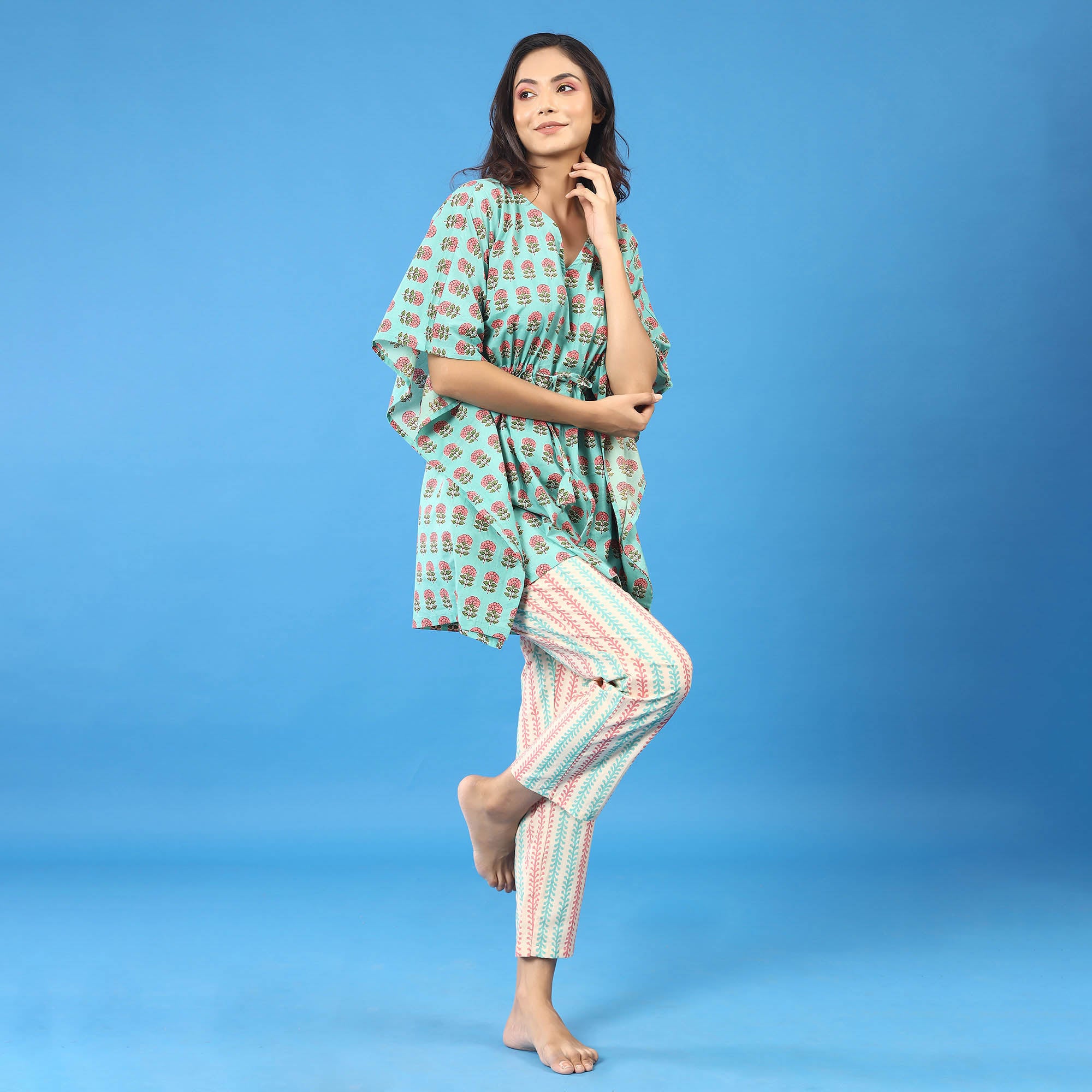 Blossoms with Contrast Stripes on Blue Kaftan Pyjama