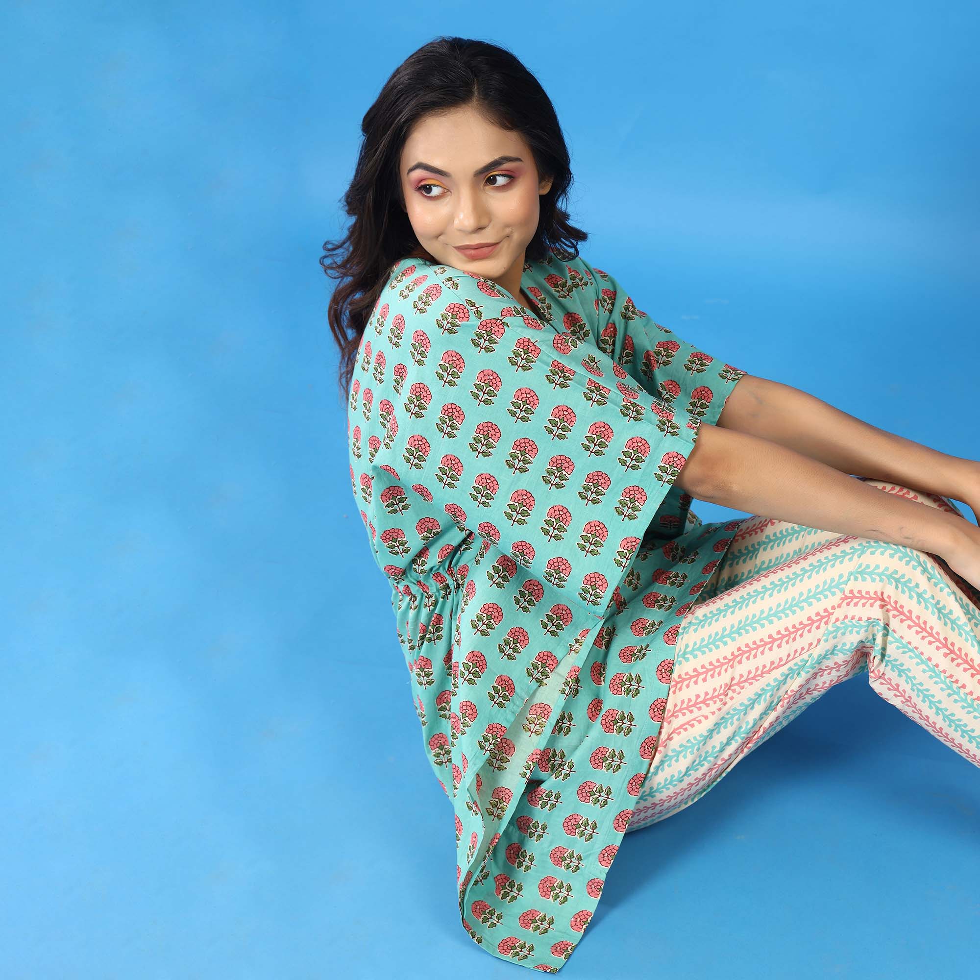 Blossoms with Contrast Stripes on Blue Kaftan Pyjama