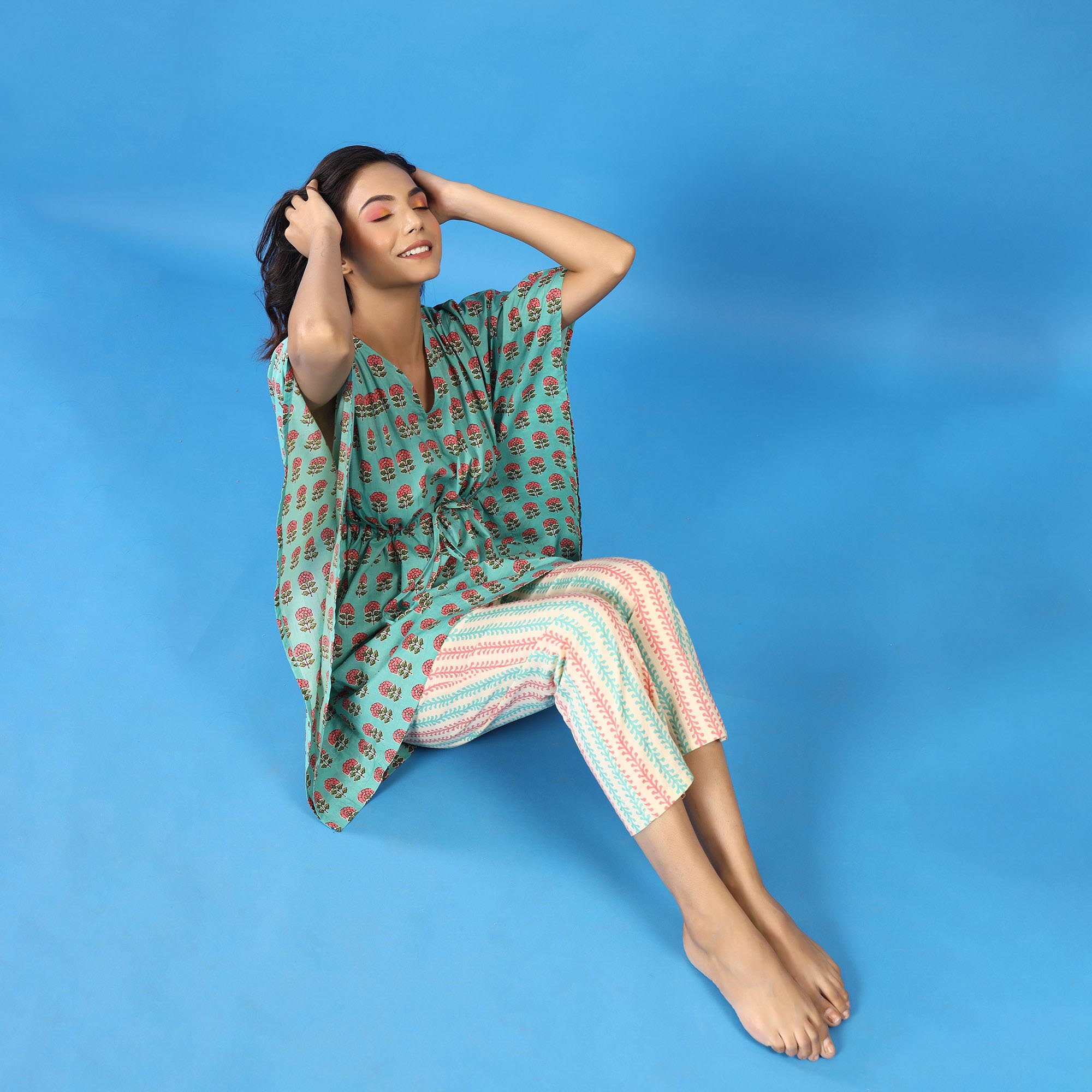 Blossoms with Contrast Stripes on Blue Kaftan Pyjama