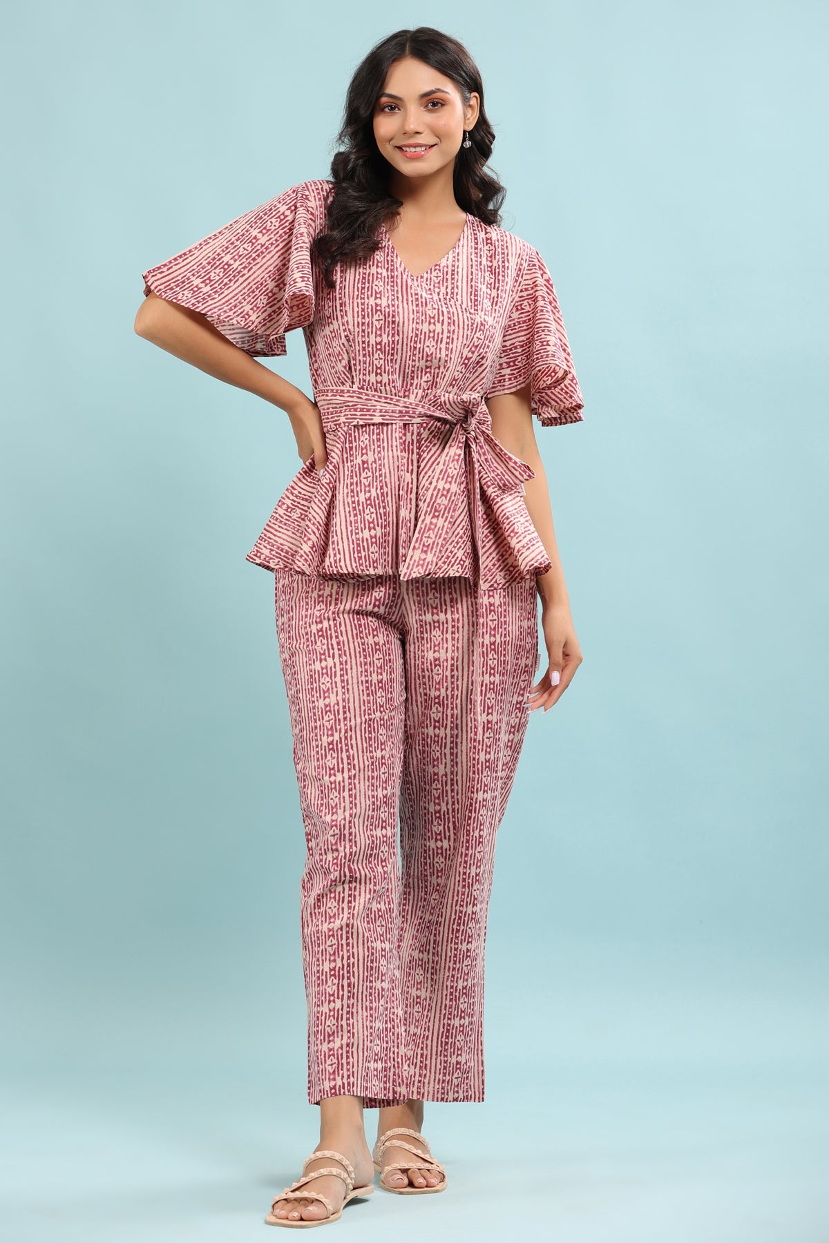 Patterned Print On Pink Loungewear Top Set