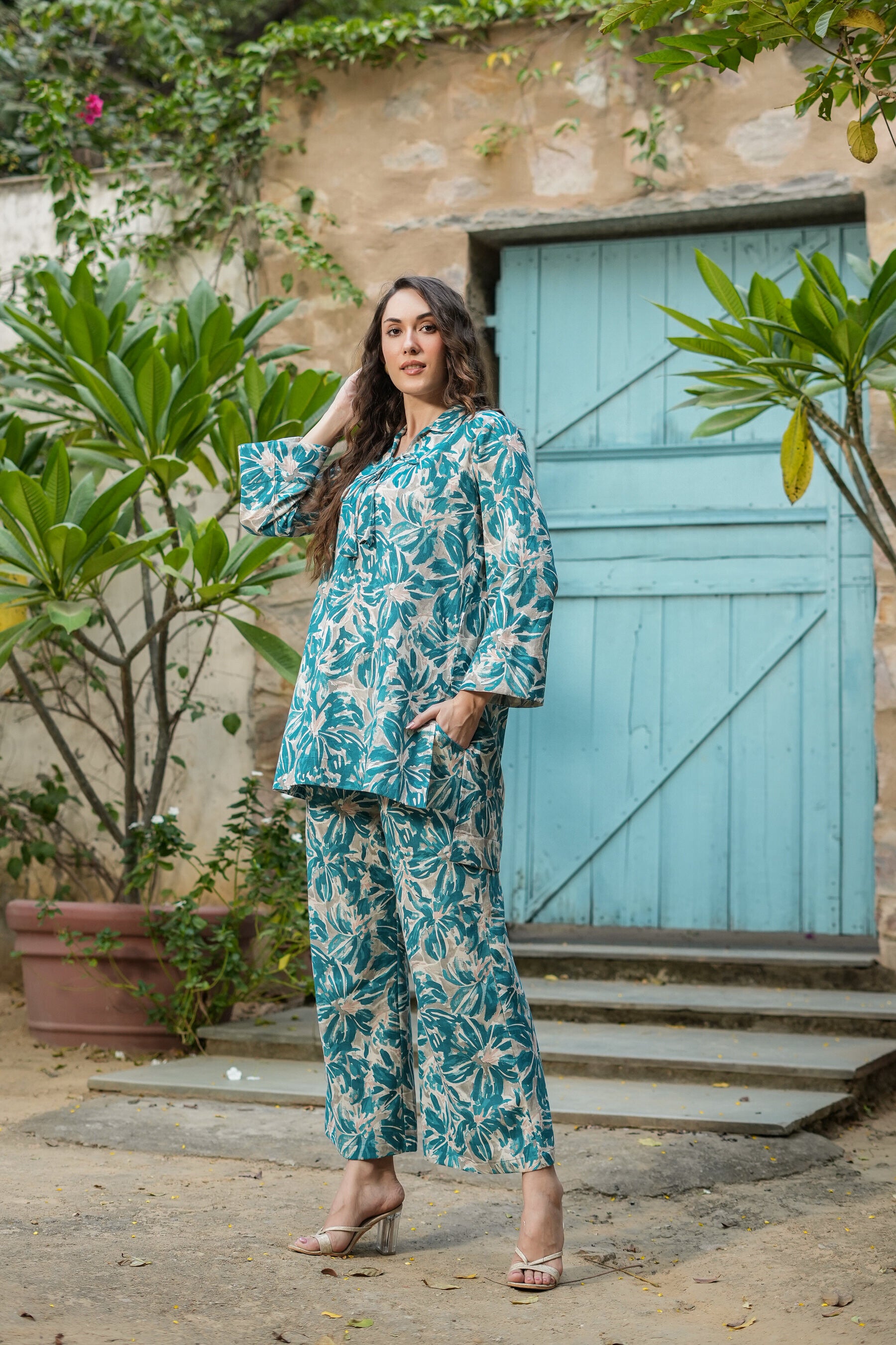 Floral Filigree Cotton Palazzo Loungewear Set