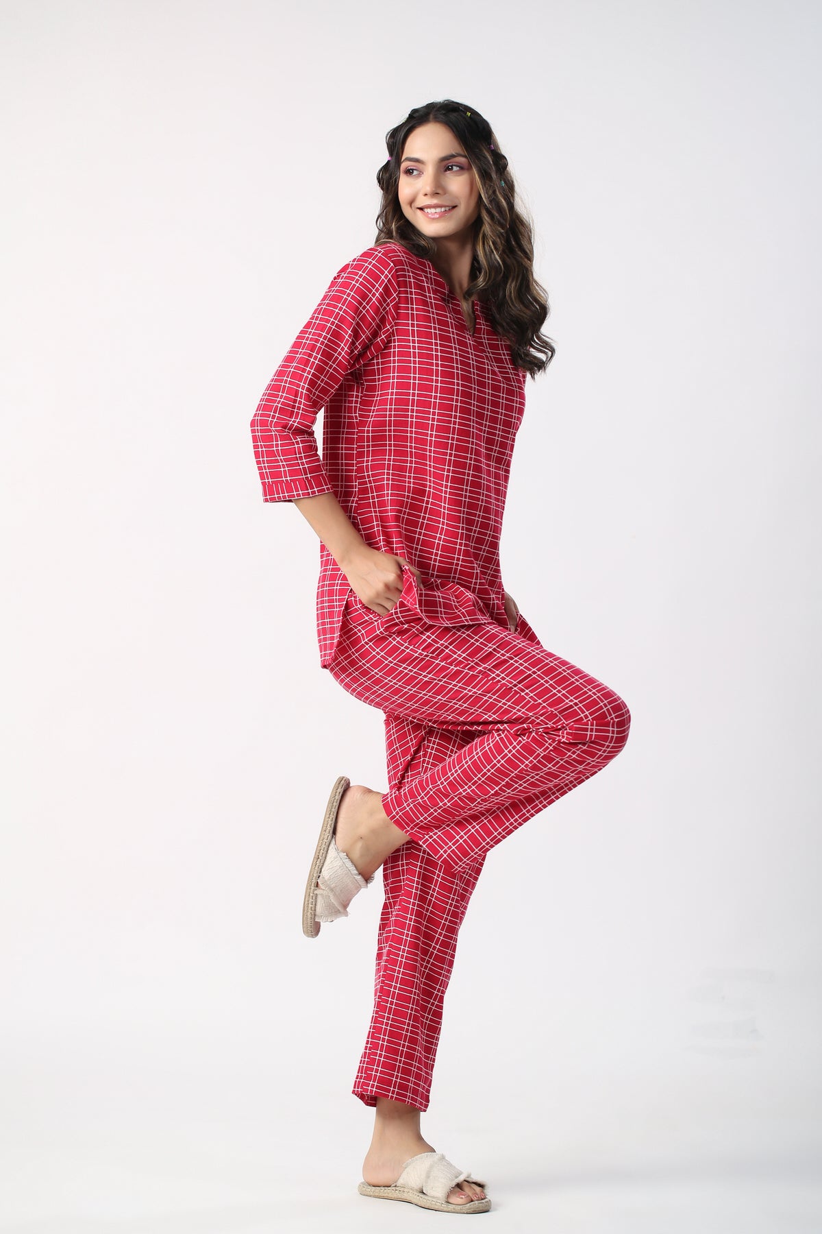 Checkered Maroon Cotton Flex Loungewear Top Set