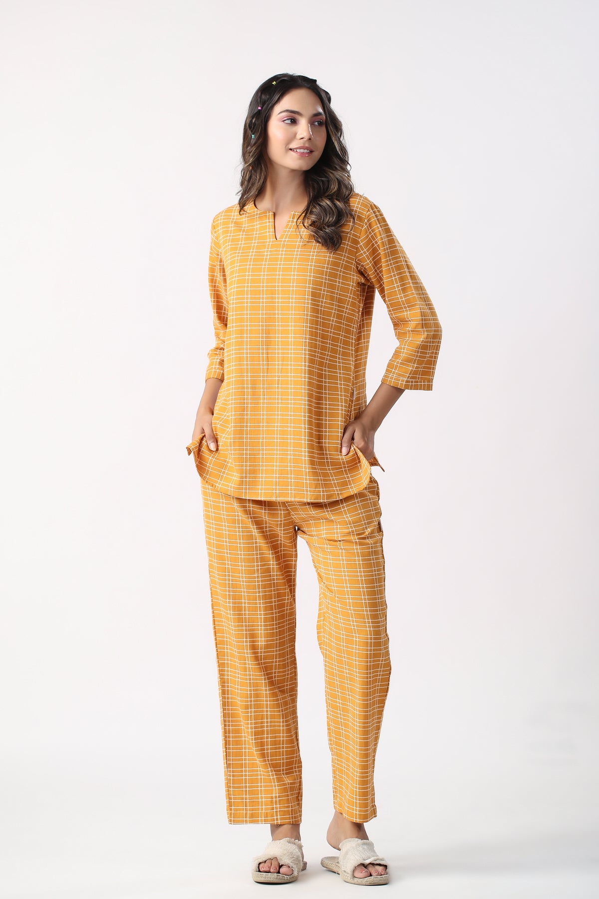 Checkered Saffron Cotton Flex Loungewear set