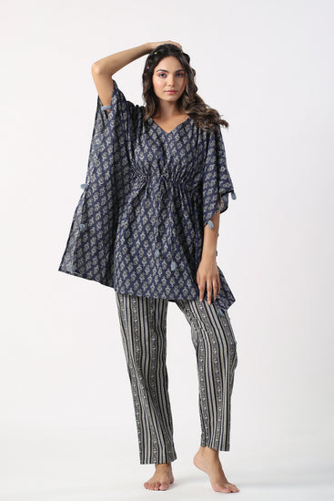 White - Hand Block Printed Cotton Kaftan & Pyjama Night Suit Set