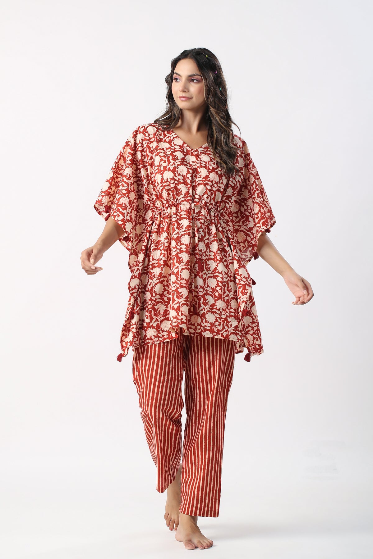 Monochrome maroon Jaal with Stripes Cotton Kaftan Pajama set