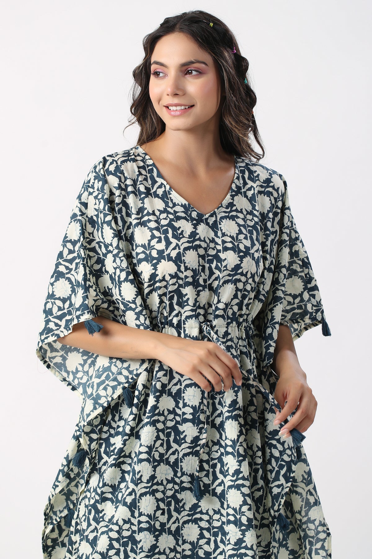 Monochrome blue Jaal with Stripes Cotton Kaftan Pajama set