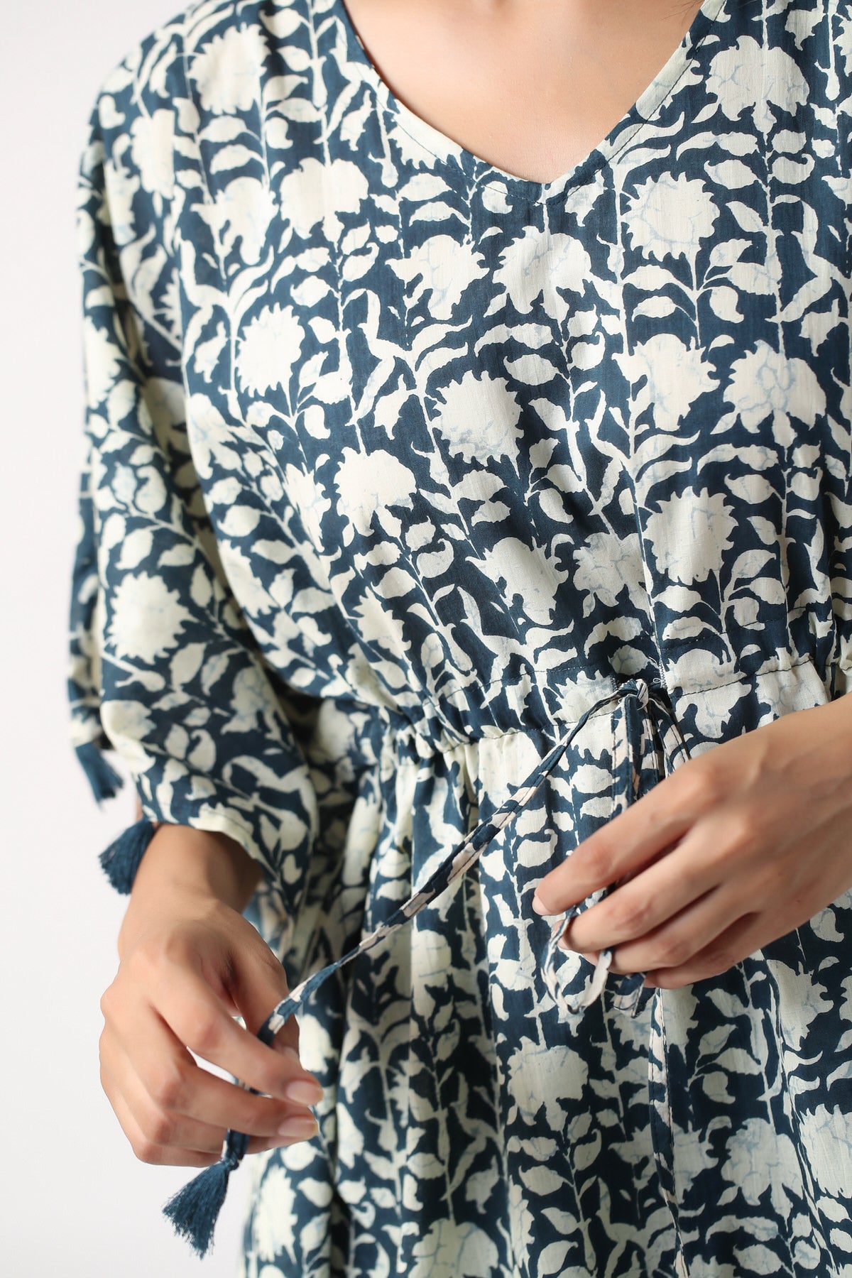 Monochrome blue Jaal with Stripes Cotton Kaftan Pajama set