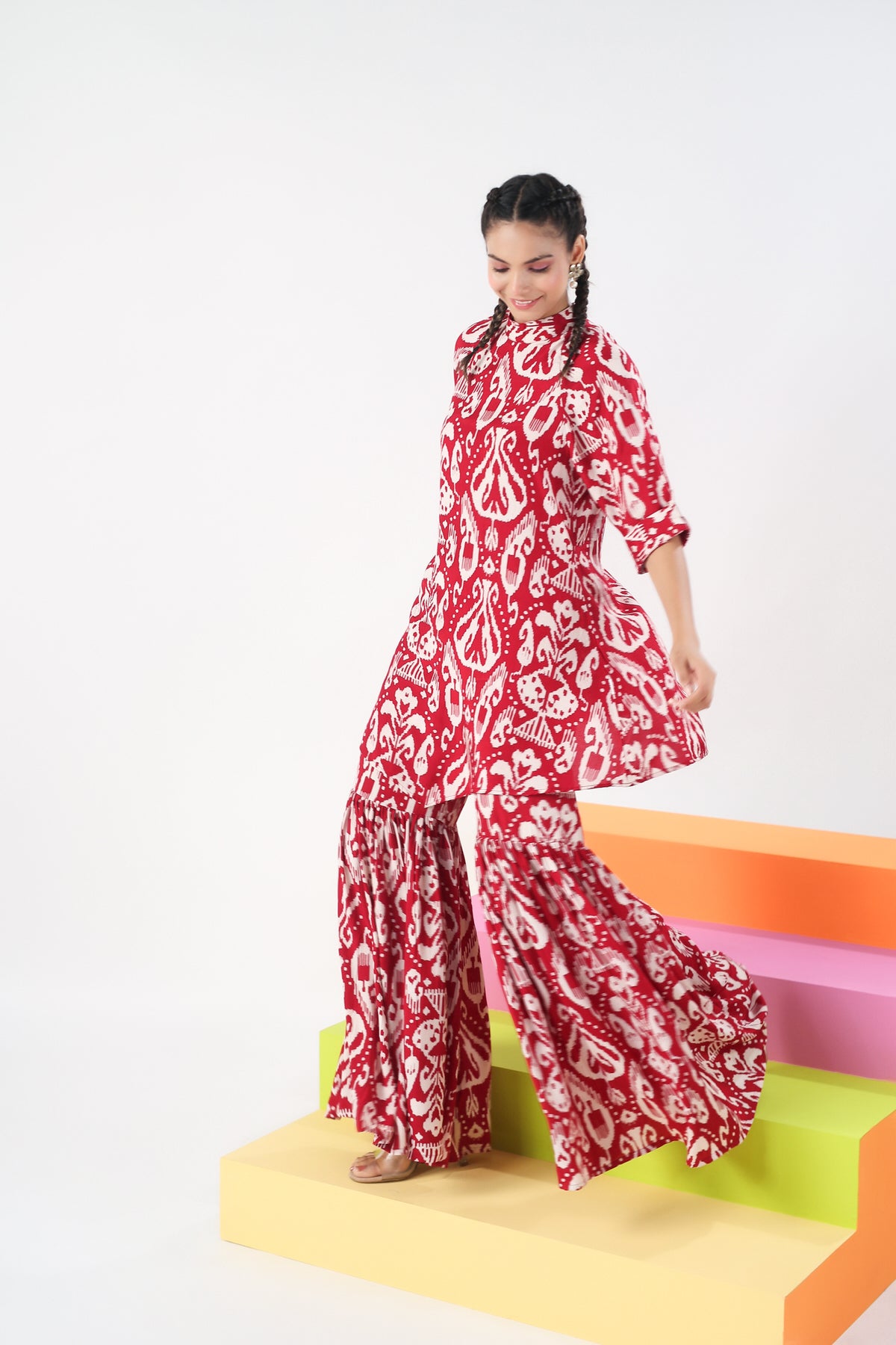 Red Ikat Print Silk Coord set