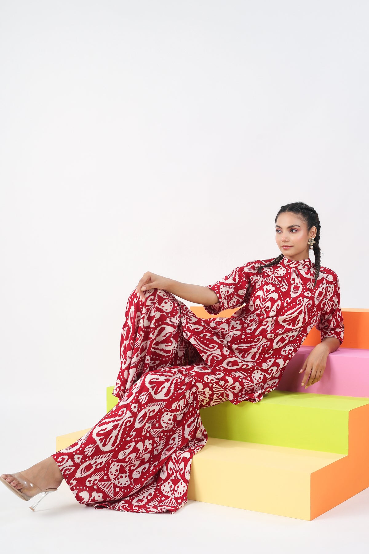 Red Ikat Print Silk Coord set