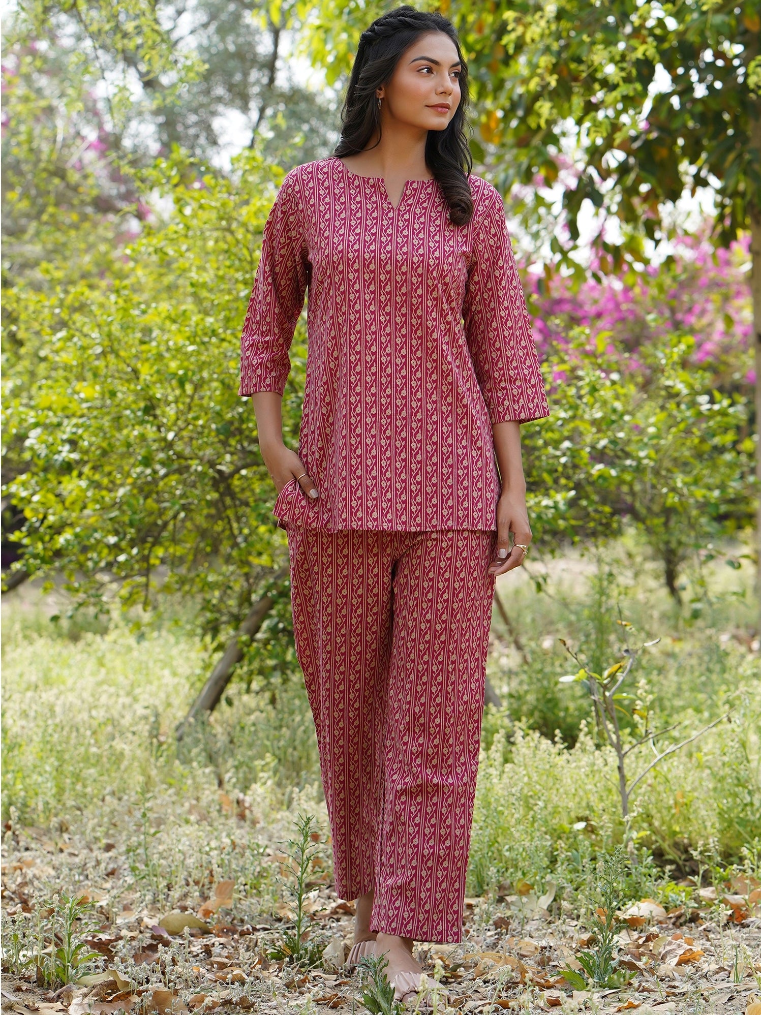 Floral Twines on Maroon Loungewear Top Set