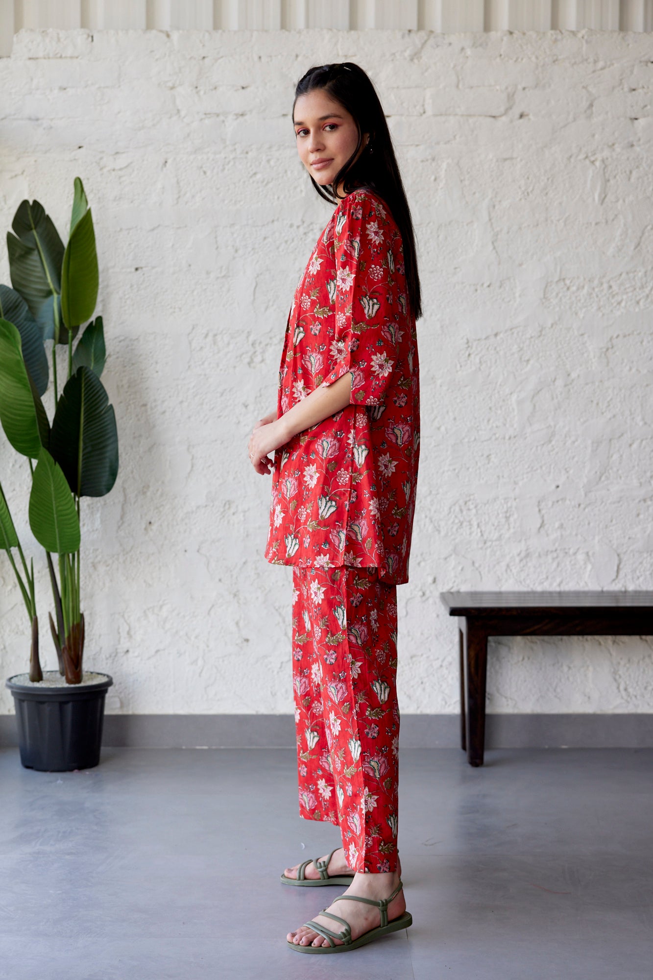 Red Ethnic Coromandel On Palazzo Loungewear Set