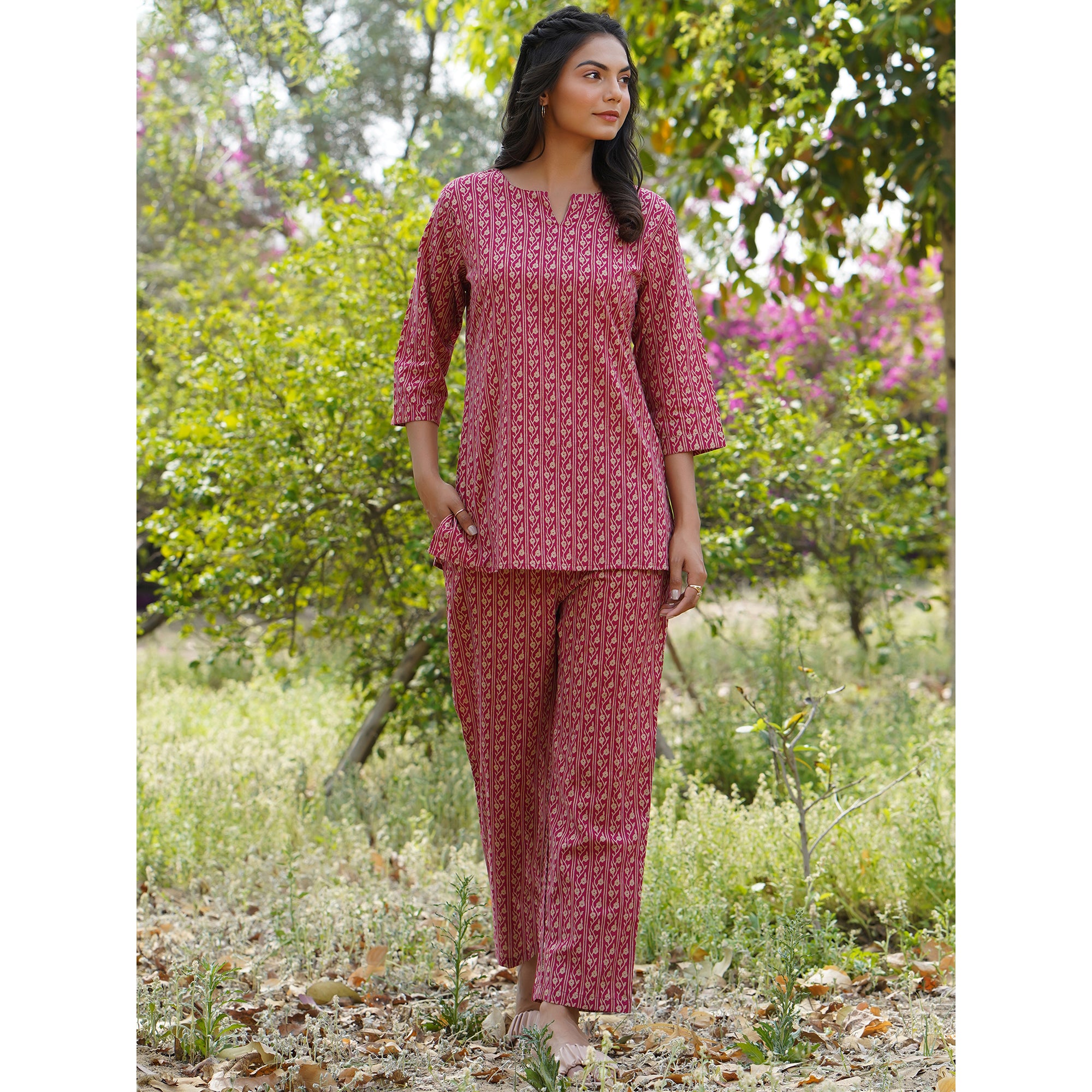 Floral Twines on Maroon Loungewear Top Set