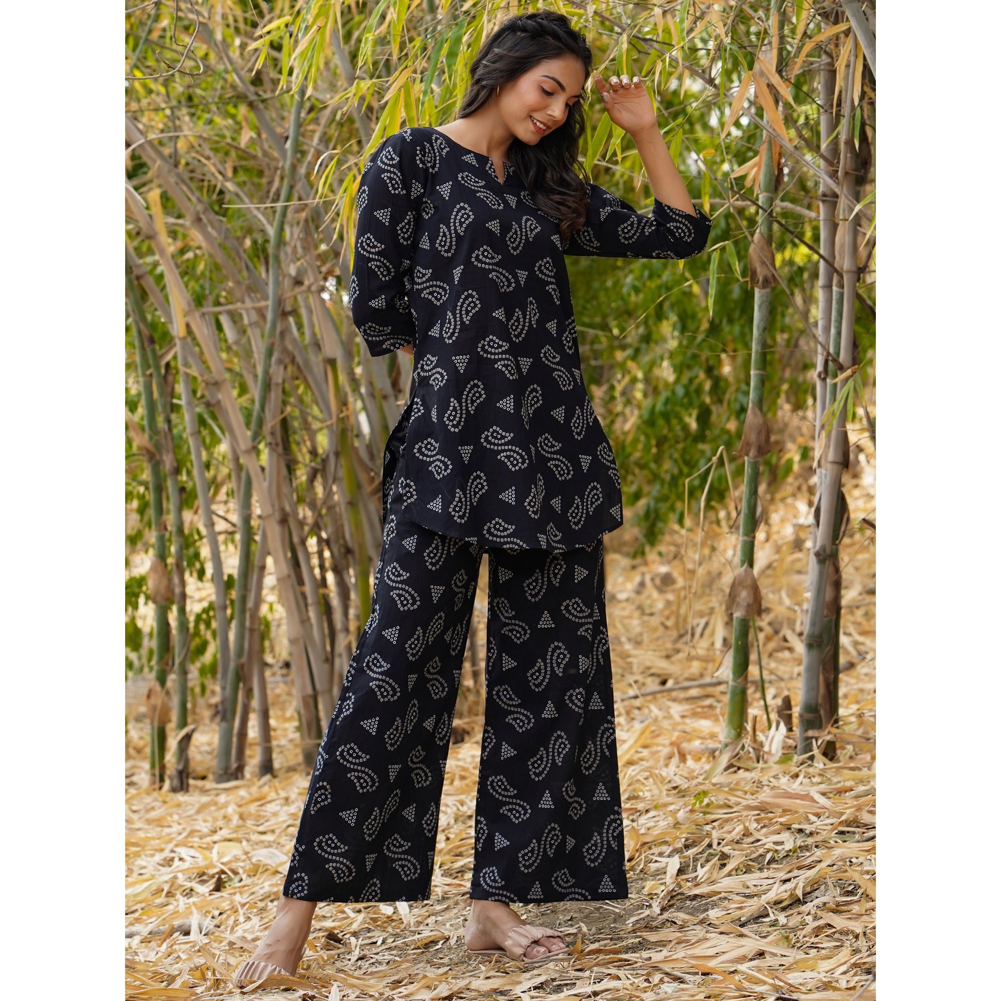 Patterned Bhandej on Black Loungewear Top Set