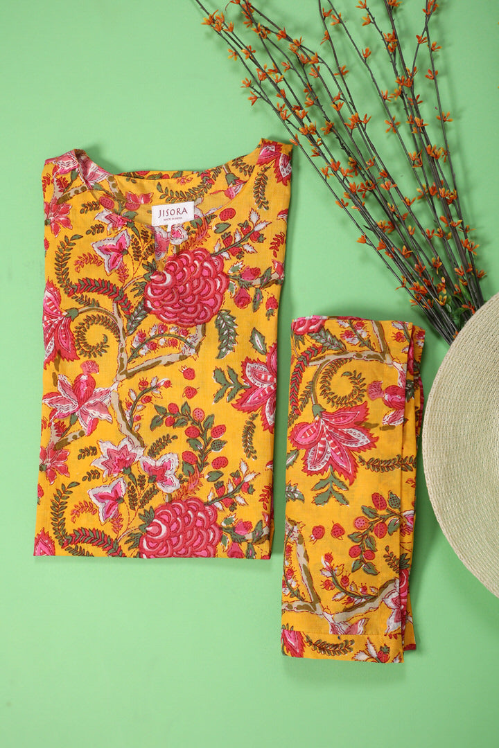 Gulmohar on Cotton Mustard Palazzo Loungewear Set