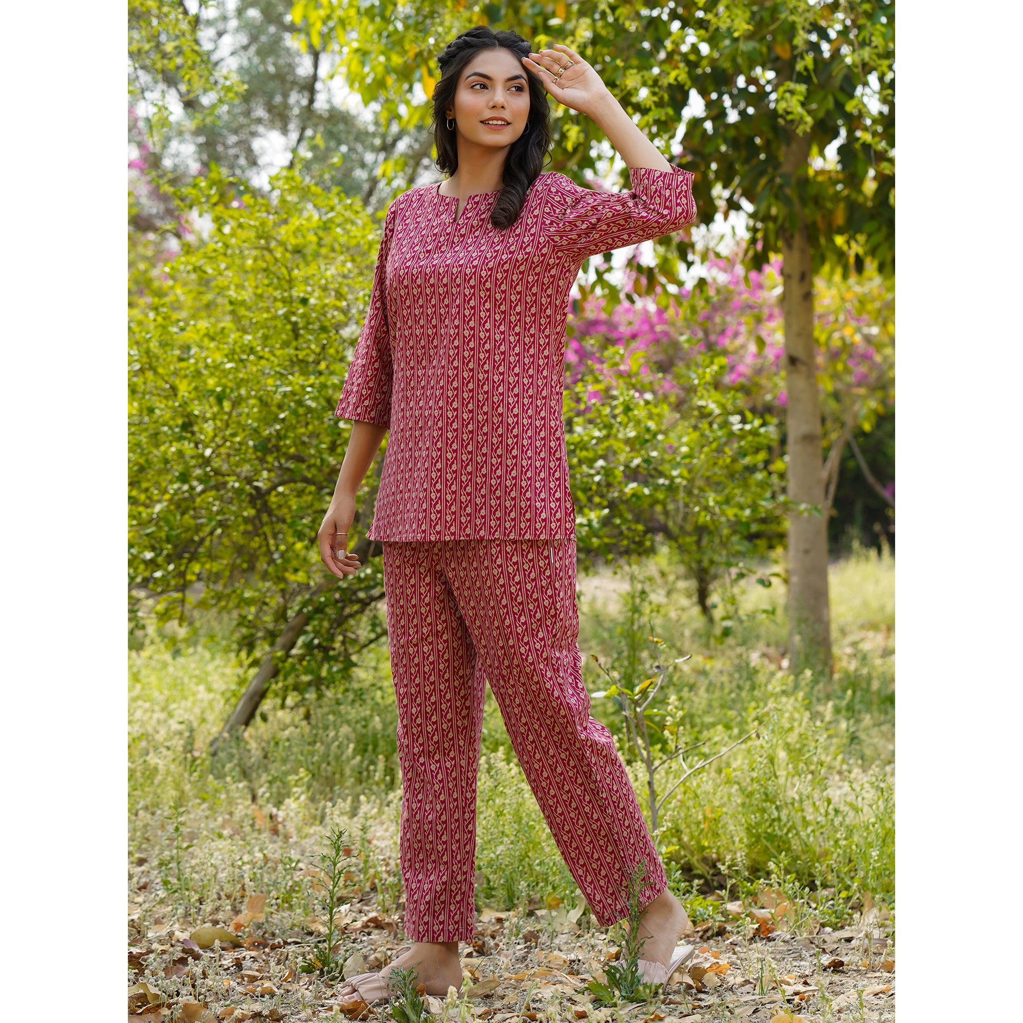 Floral Twines on Maroon Loungewear Top Set