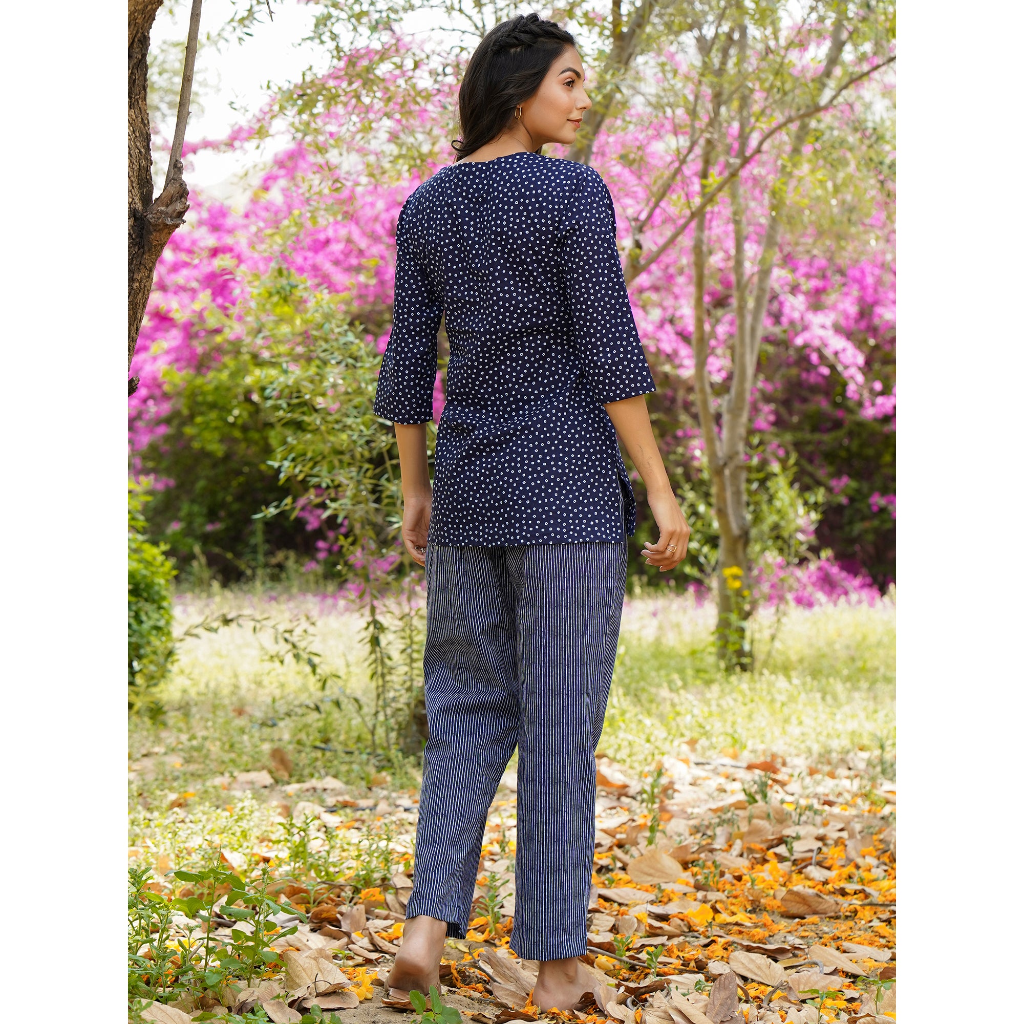 Patterned Dots with stripes on Blue Loungewear Top Set