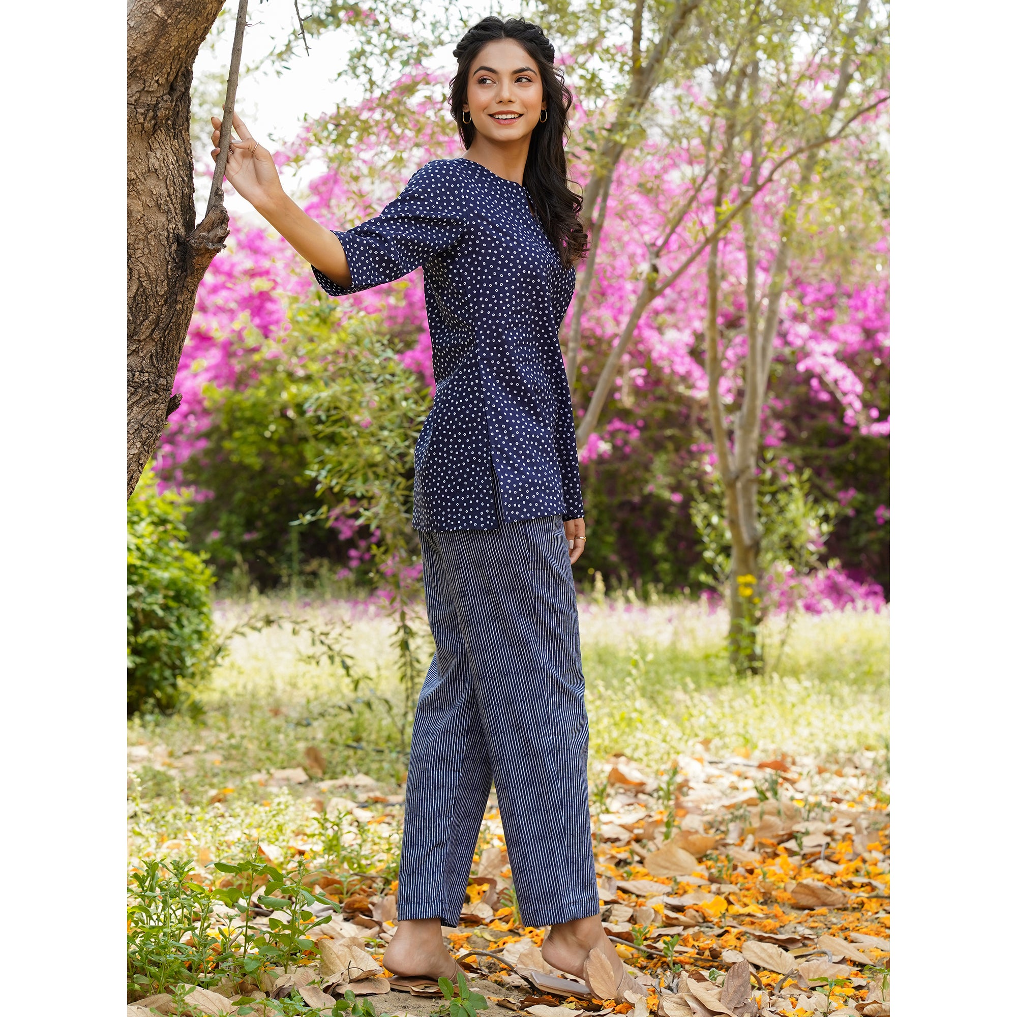 Patterned Dots with stripes on Blue Loungewear Top Set